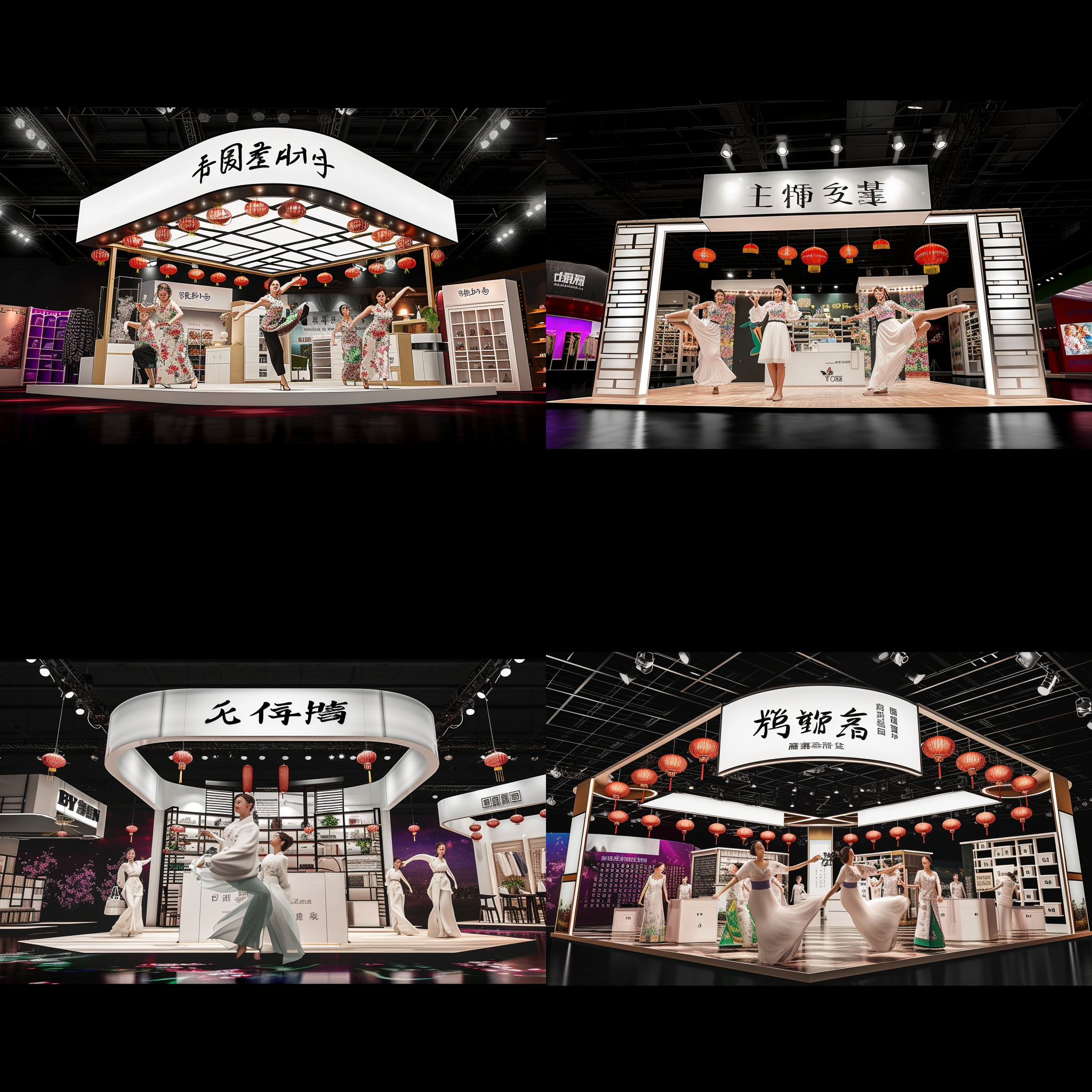 主题国潮，活动布置。明亮的室内场景，以中国传统元素为背景，如红色灯笼和对联。人们穿着传统的中式服装，展示着自信和骄傲。摄影风格为高饱和度、高对比度的照片，使用广角镜头捕捉整个场景。舞台上的表演者们正在跳跃和扭动，呈现出活力四溢的氛围。
