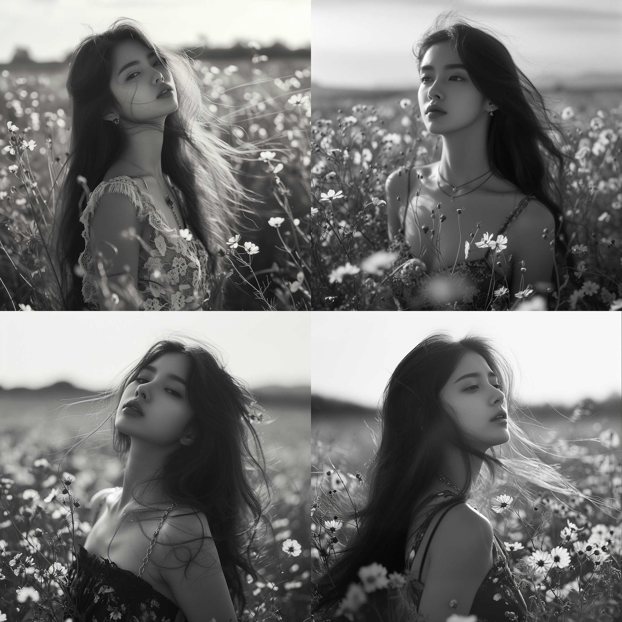 人物写真，美女、全身，前景 花海、愿景 美丽乡间迷雾，长发、黑白照片，电影色调，近距离拍摄，莱卡相机，中远景，大光圈，高级感，高对比度，吸引人的首饰，明亮光线，光影丰富，动态姿势，独特的魅力，快门速度快，色彩鲜明，焦点准确，柔焦，自然表情。照片比例3：4