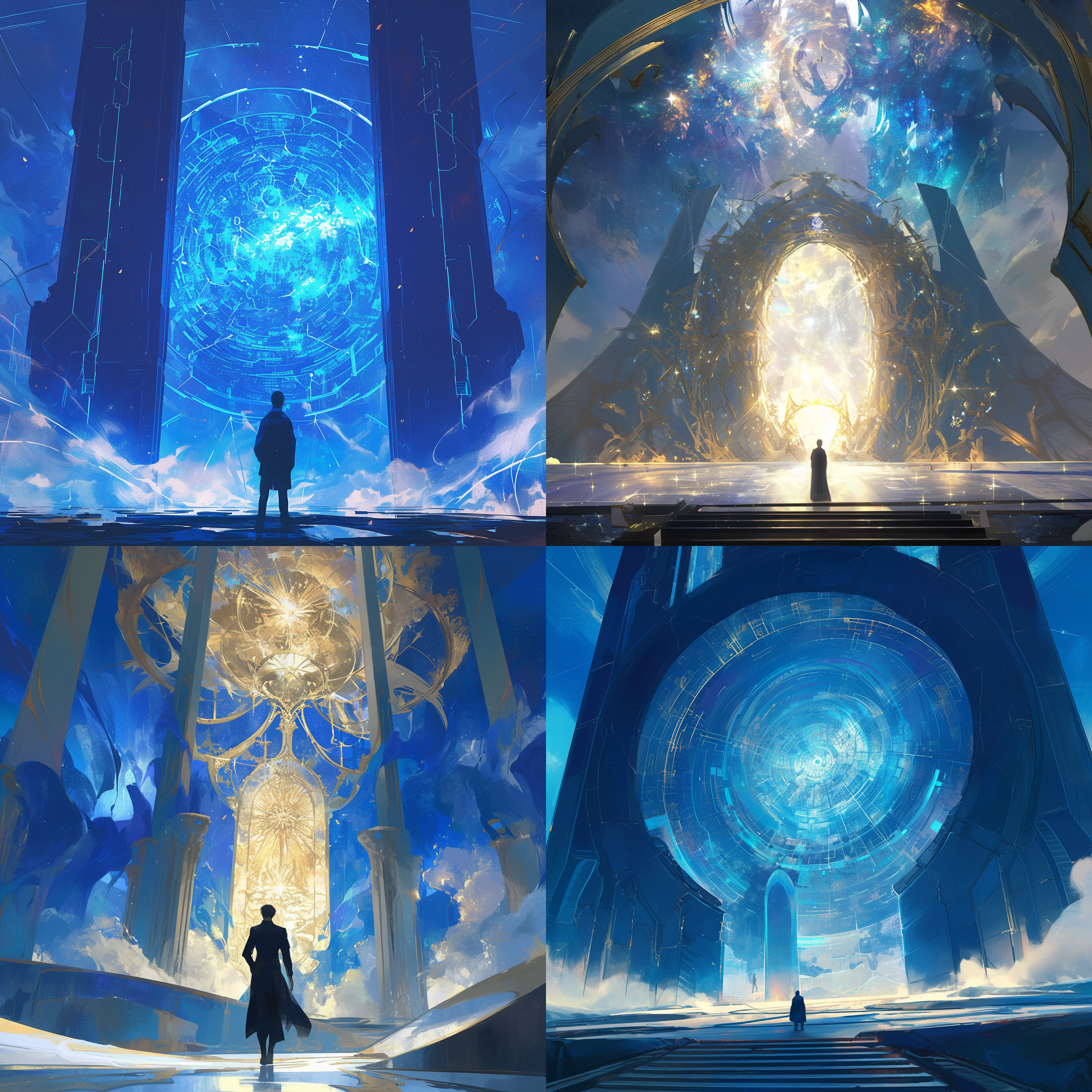 男子站在巨大的星际门前，精确的线条勾勒出神秘的插图。蓝色和浅琥珀色调营造出超凡的氛围，宛如仙境。3:4的画面比例使构图更加平衡。