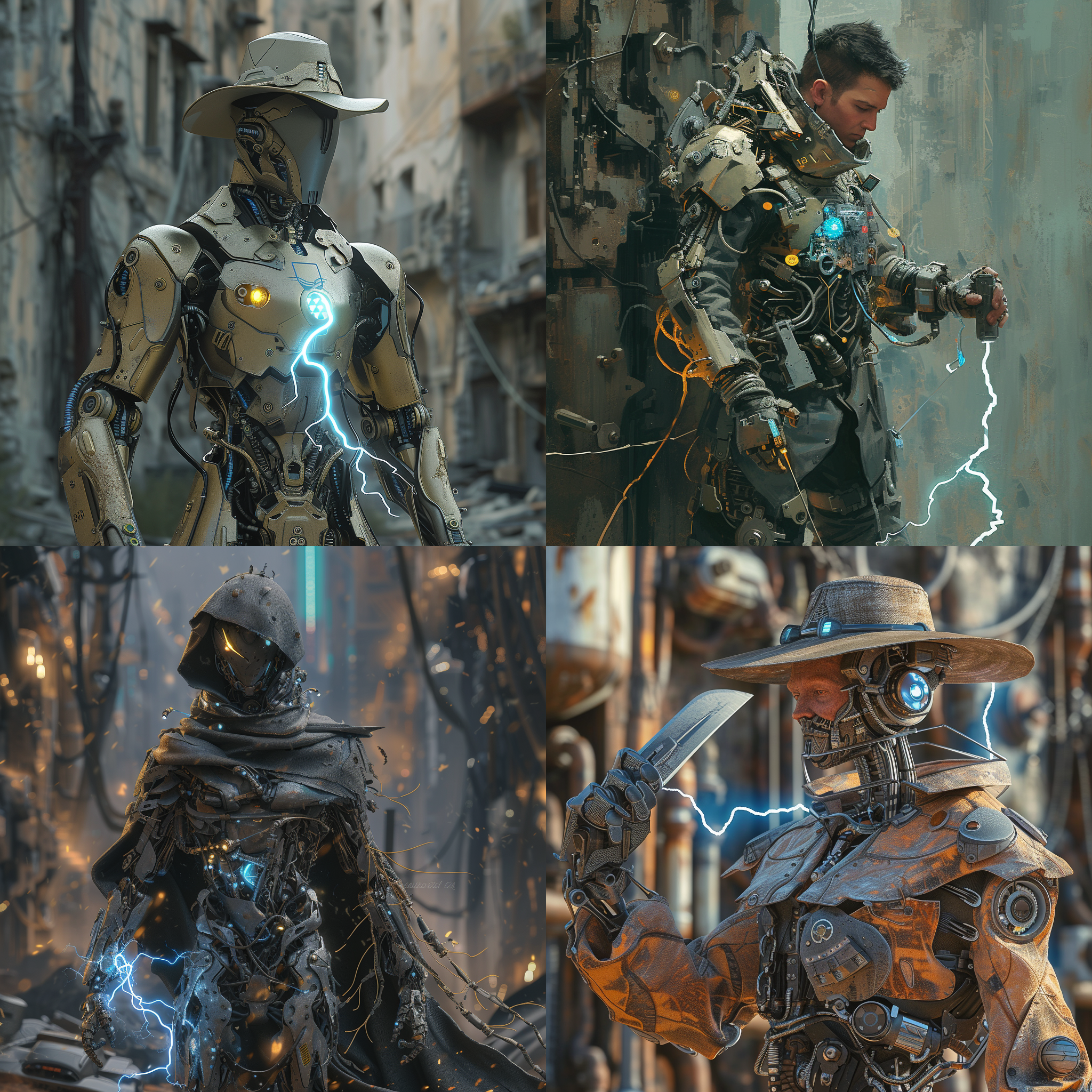 机械未来风，一个身穿机甲手拿炫酷带雷电战刀的男人。直视镜头，不戴帽子，机械废墟背景，高品质，精致刻画，特写视图，全身照。正视图，超级细节，逼真渲染
