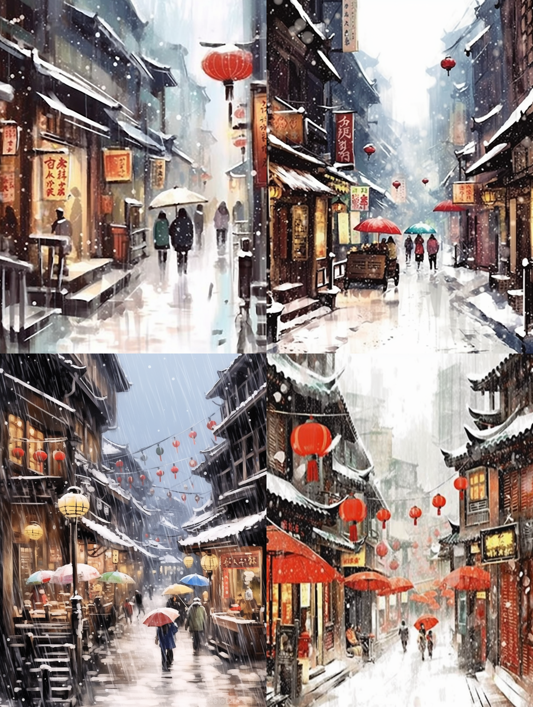 上海繁华老街景，春节，大雪纷飞，柔和水彩风格，水墨画，平面设计美学，完美构图