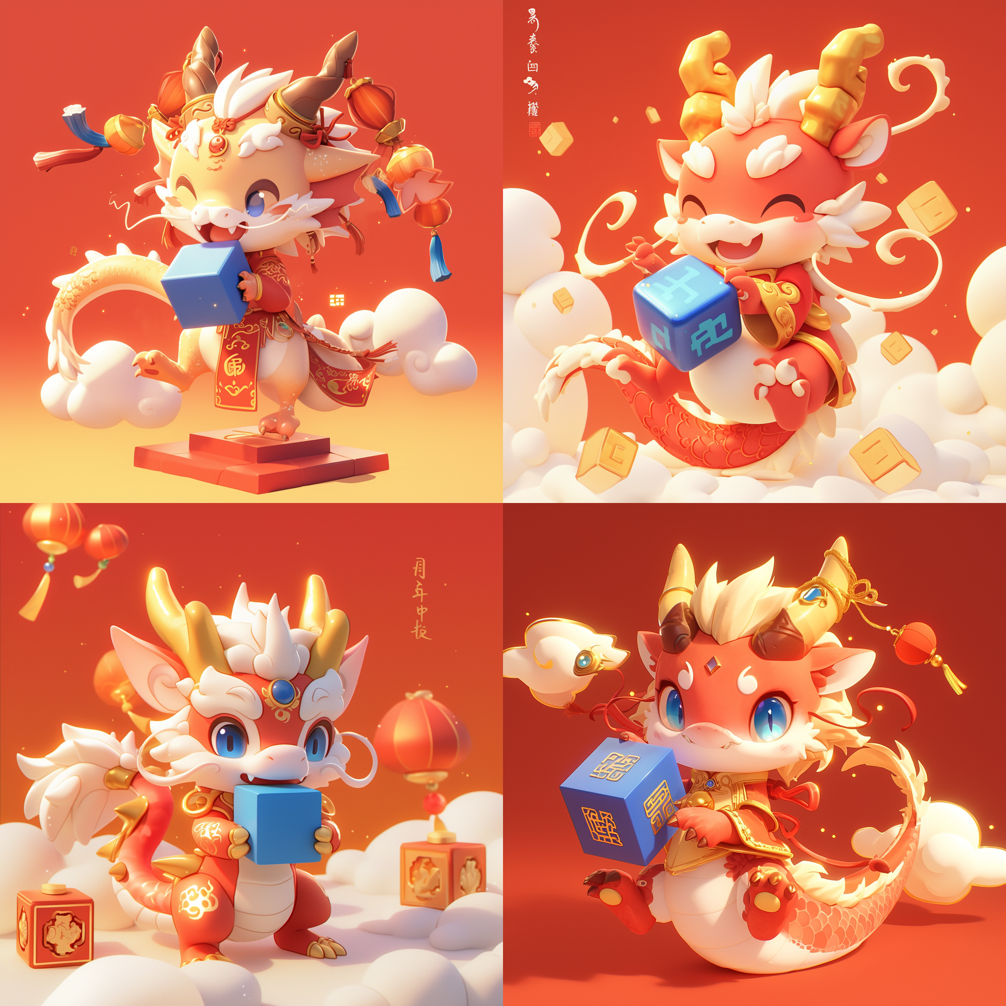 盲盒ip，中国龙宝宝，红色和金色，怀抱一个深蓝色立方体，全身视角，可爱的龙，灯笼，吉祥云，3d，黏土，卡通，任天堂，可爱，流畅，高饱和度，乐观，温暖，祝福，欢快，童真。