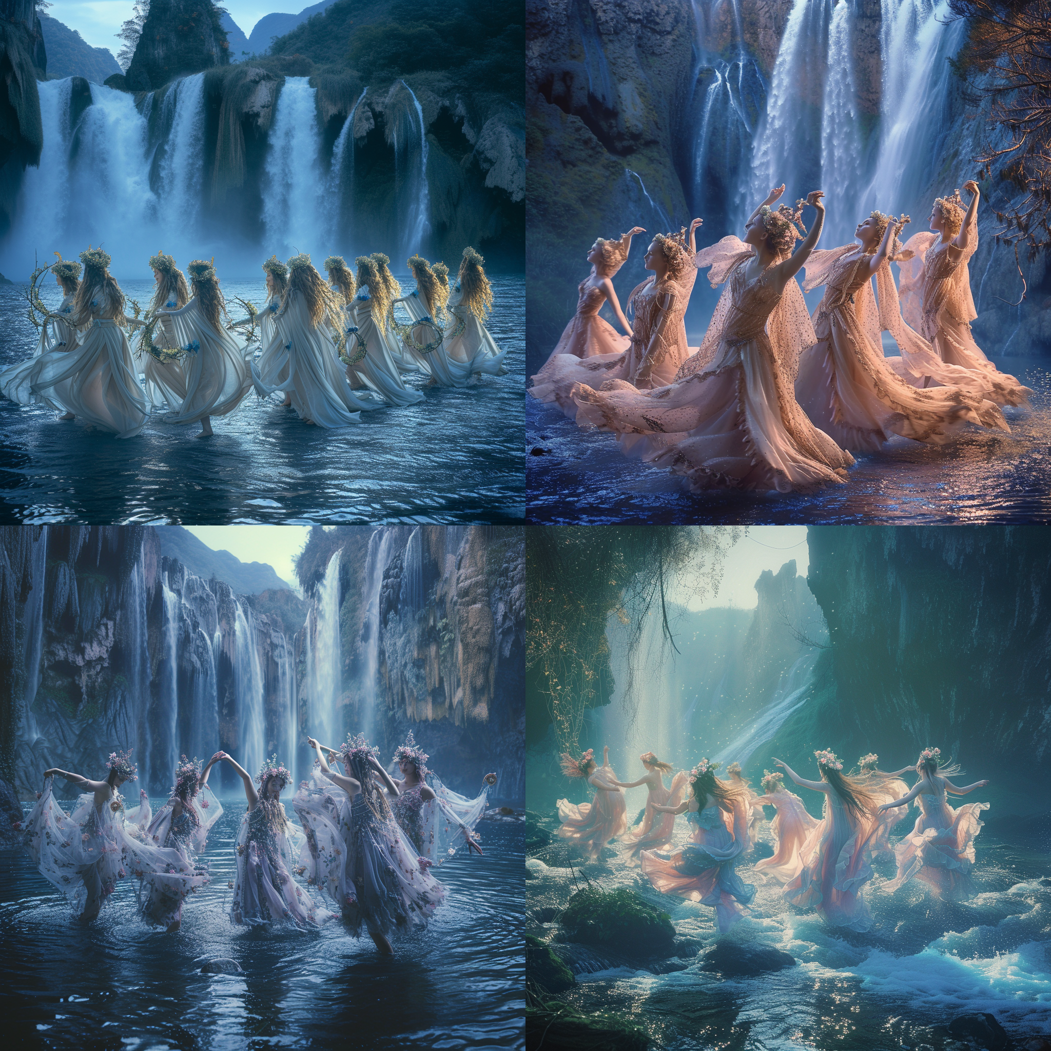 在流水边优雅起舞，每位仙女身着华丽的仙袍，头戴花冠，手持仙器。画面以对角线布局，山峦和瀑布环绕，形成壮丽的自然景观。使用长焦镜头捕捉细节，柔和的光线照亮仙女们的容颜。色调以柔和的蓝色为主，表达宁静和神秘感。 prompt.仙女舞蹈，对角线布局，长焦镜头，山峦，瀑布，柔和光线，华丽仙袍，花冠，宁静，神秘，蓝色调。
