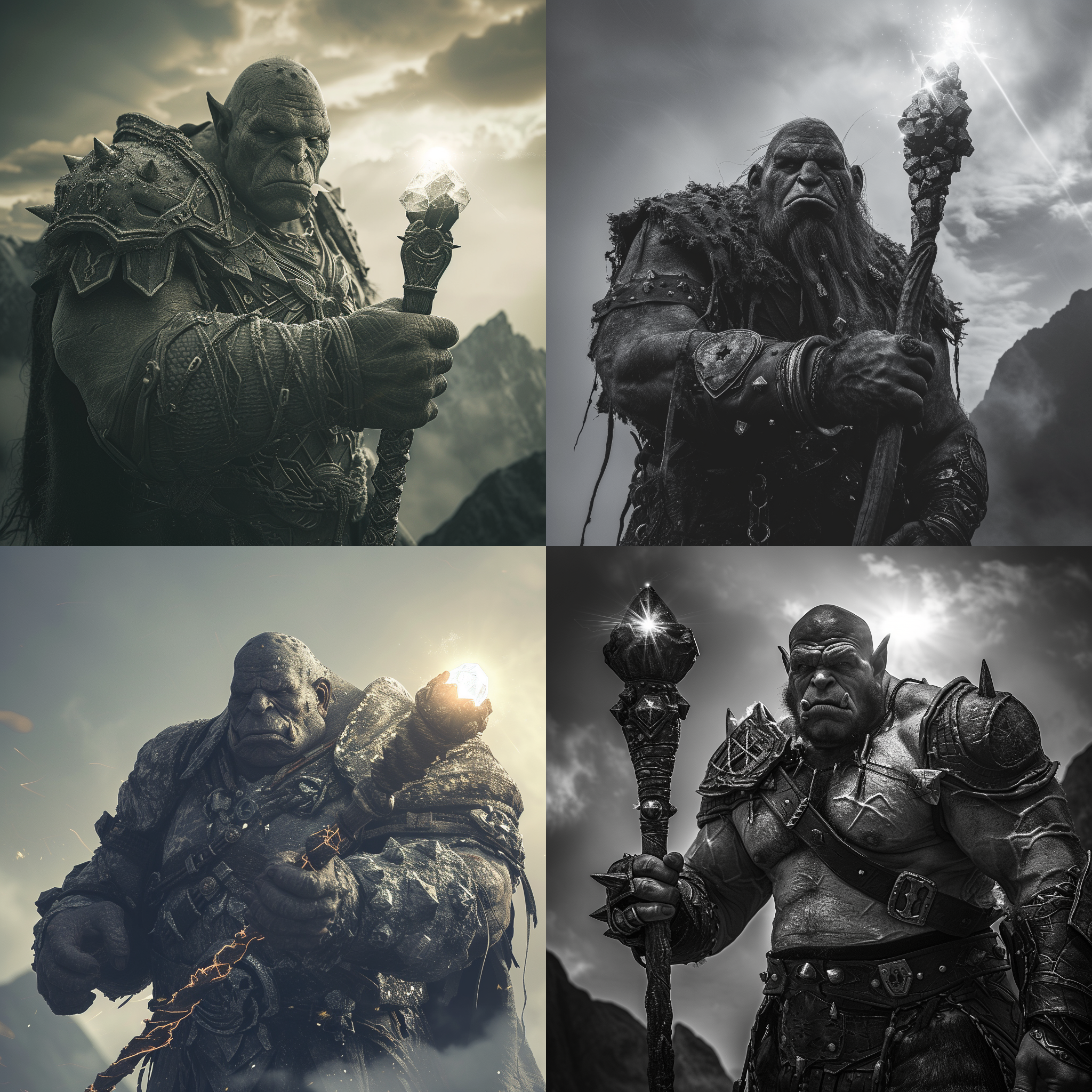 食人魔手持一根粗犷的法杖，上面镶嵌着闪烁的魔力水晶。照片采用高对比度的风格，背景是一个神秘而荒凉的山脉。食人魔身穿厚重的铠甲，表情严肃而威严。光线透过云层洒在他身上，突出了他的强大和威严。食人魔的法杖在手中散发着神秘的魔力。食人魔，法杖，水晶，粗犷，对比度，山脉，铠甲，严肃，威严，光线，魔力。