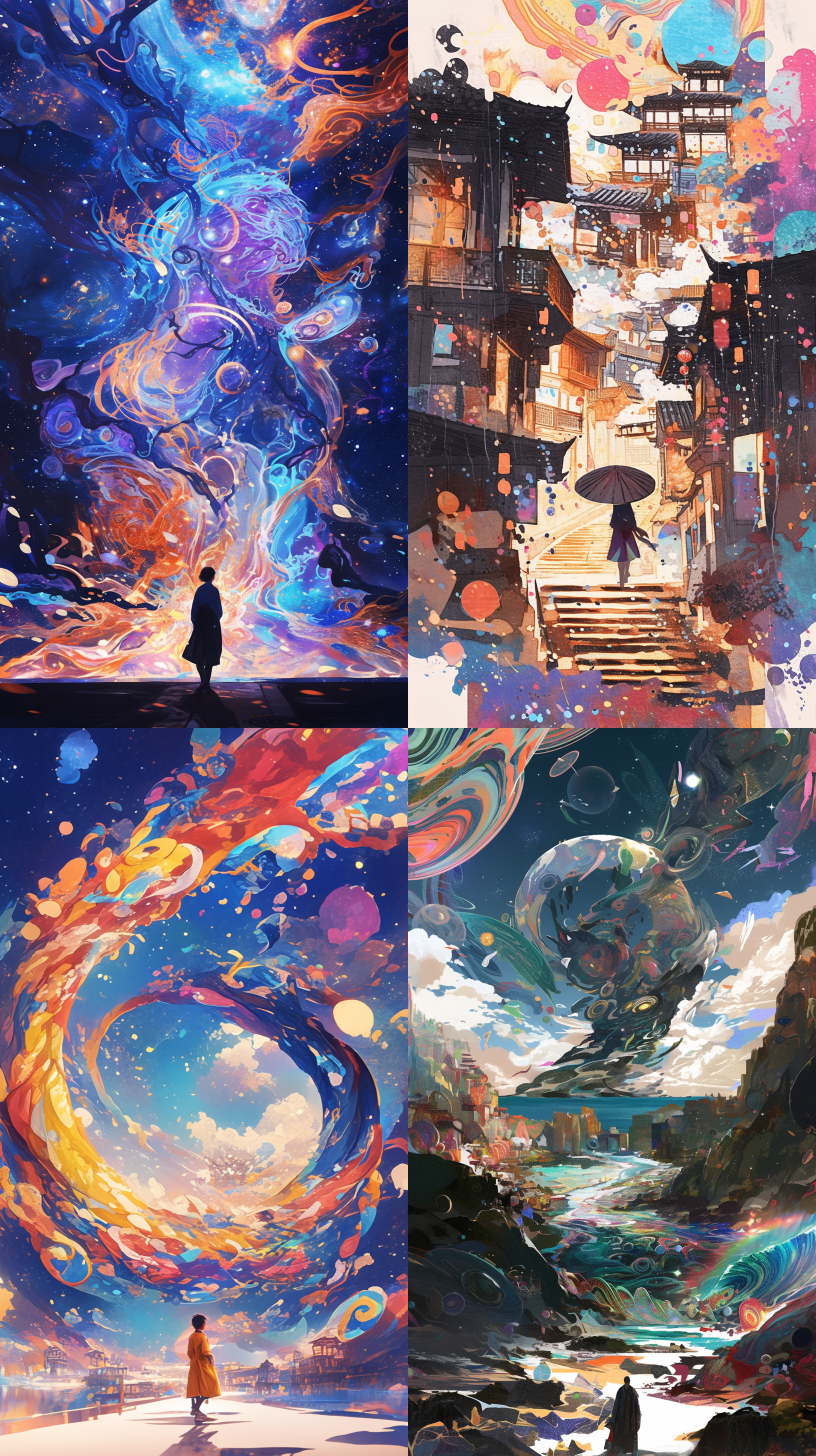 一名人独自行走在这个奇幻的景色中，风景如画的街道上有一种波浪涌动的五颜六色液体，灵感来自宇宙，点彩艺术作品，星星艺术团（xing xing），uhd图像，发光粒子，转瞬即逝的细节，seb mckinnon，逼真拼贴，宇宙象征主义，紧张的特写镜头，禅宗佛教。 水彩儿童画 dslr拍摄 红 明亮的 汉服 禅