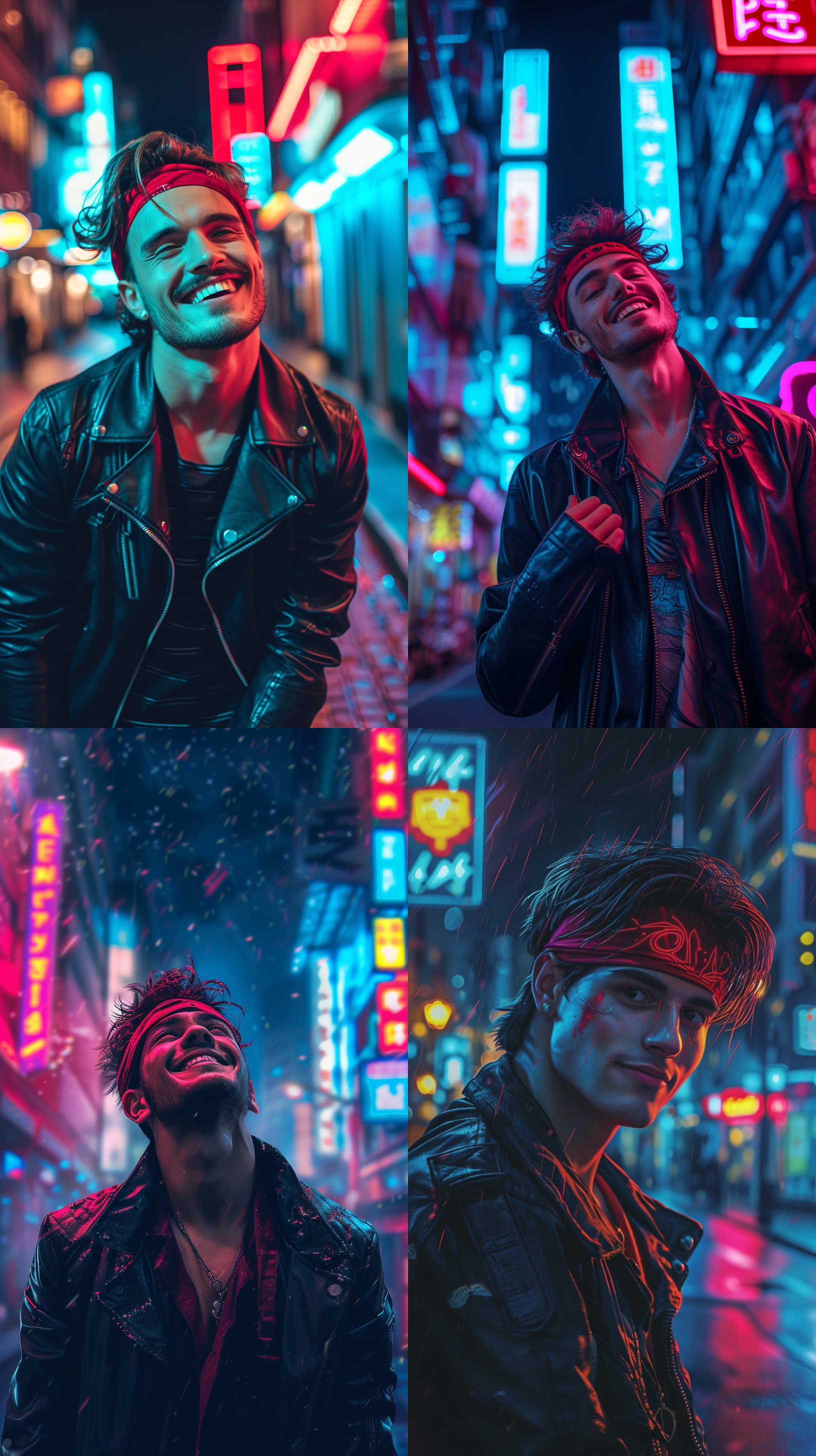 帅气男生，动漫效果，手绘风格，霓虹灯照亮夜空，城市街道背景，广角镜头，迷人微笑，黑色皮衣，红色发带，动感姿势，明亮色彩，自信。