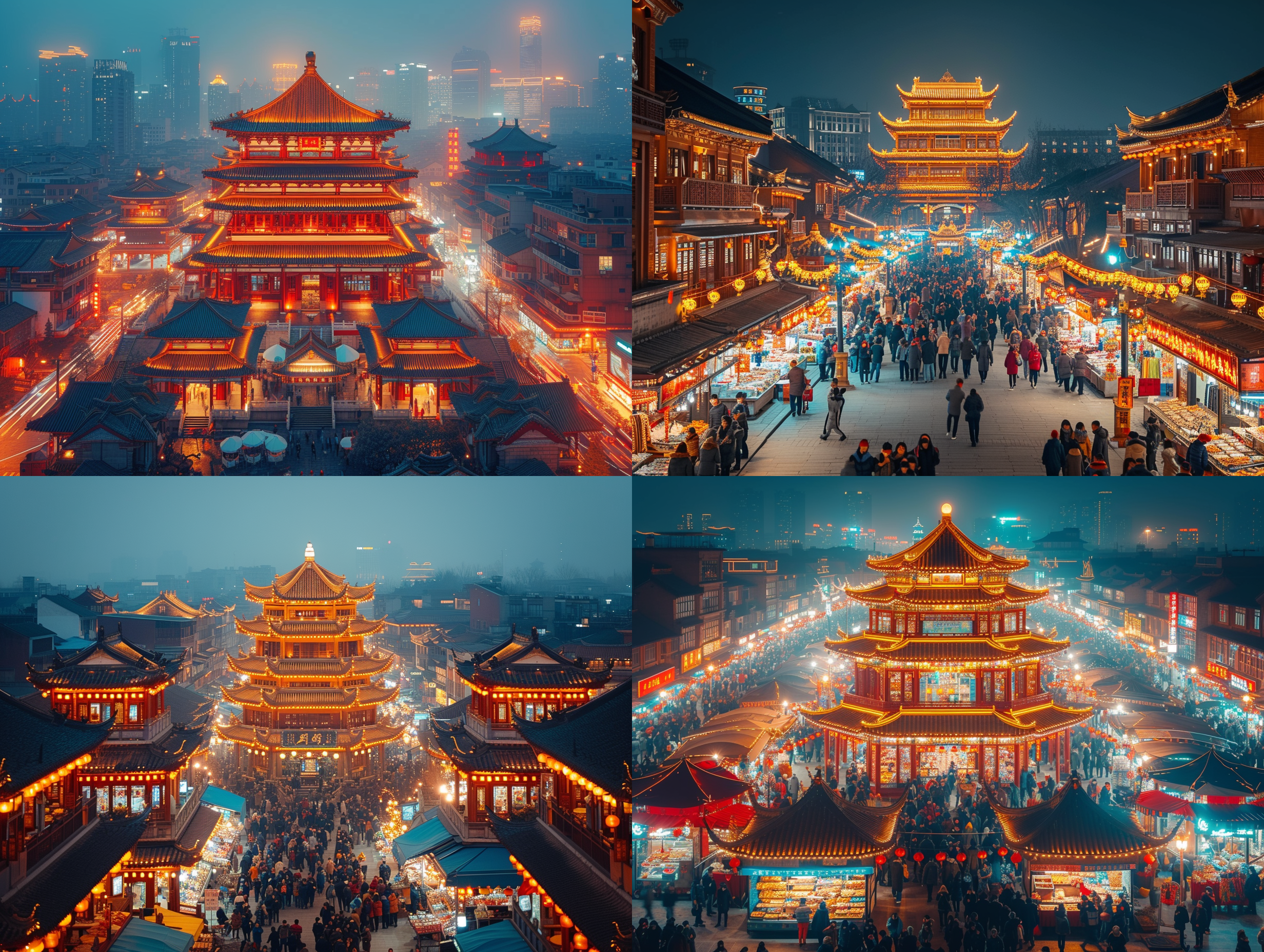 中国小年，一幅繁忙的夜市景象。照片中心是一个灯光明亮的庙宇，庙前挤满了人们。摄影师通过广角镜头捕捉到了庙宇的壮丽和人流的繁忙。夜市上五颜六色的灯饰和各种小吃摊位构成了背景。人们穿着传统的节日服饰，欢声笑语充斥着整个场景。喜庆、热闹、祥和。