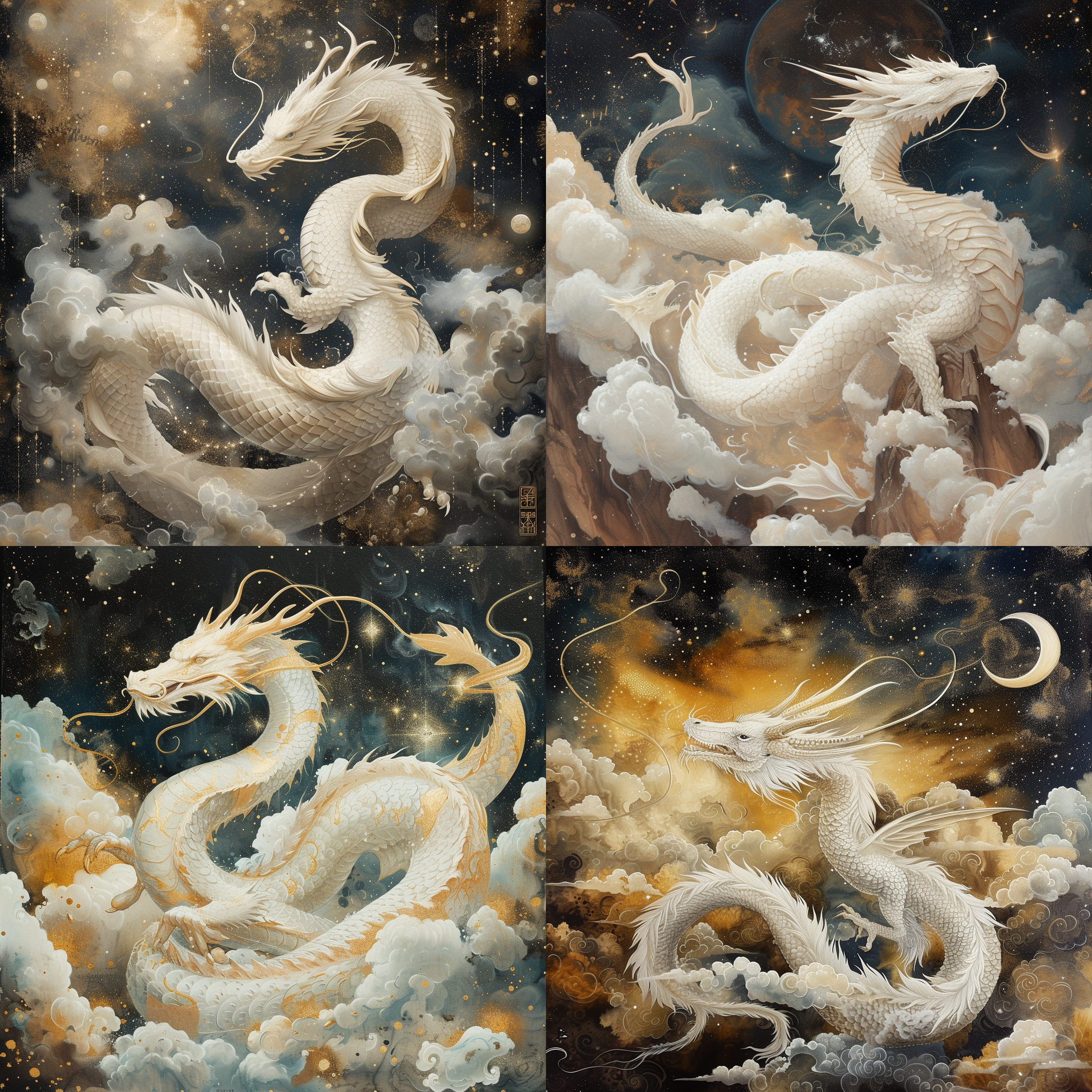 岩彩板绘，主体是一条白色的龙，白羊座星空图背景，周围有一些云层，龙在云层中穿梭，完美构图，梦幻风格。龙身躯盘绕，姿态优雅，逆光照射，柔和色调，神秘感，星光点缀，光影交错，超广角镜头，动感十足。