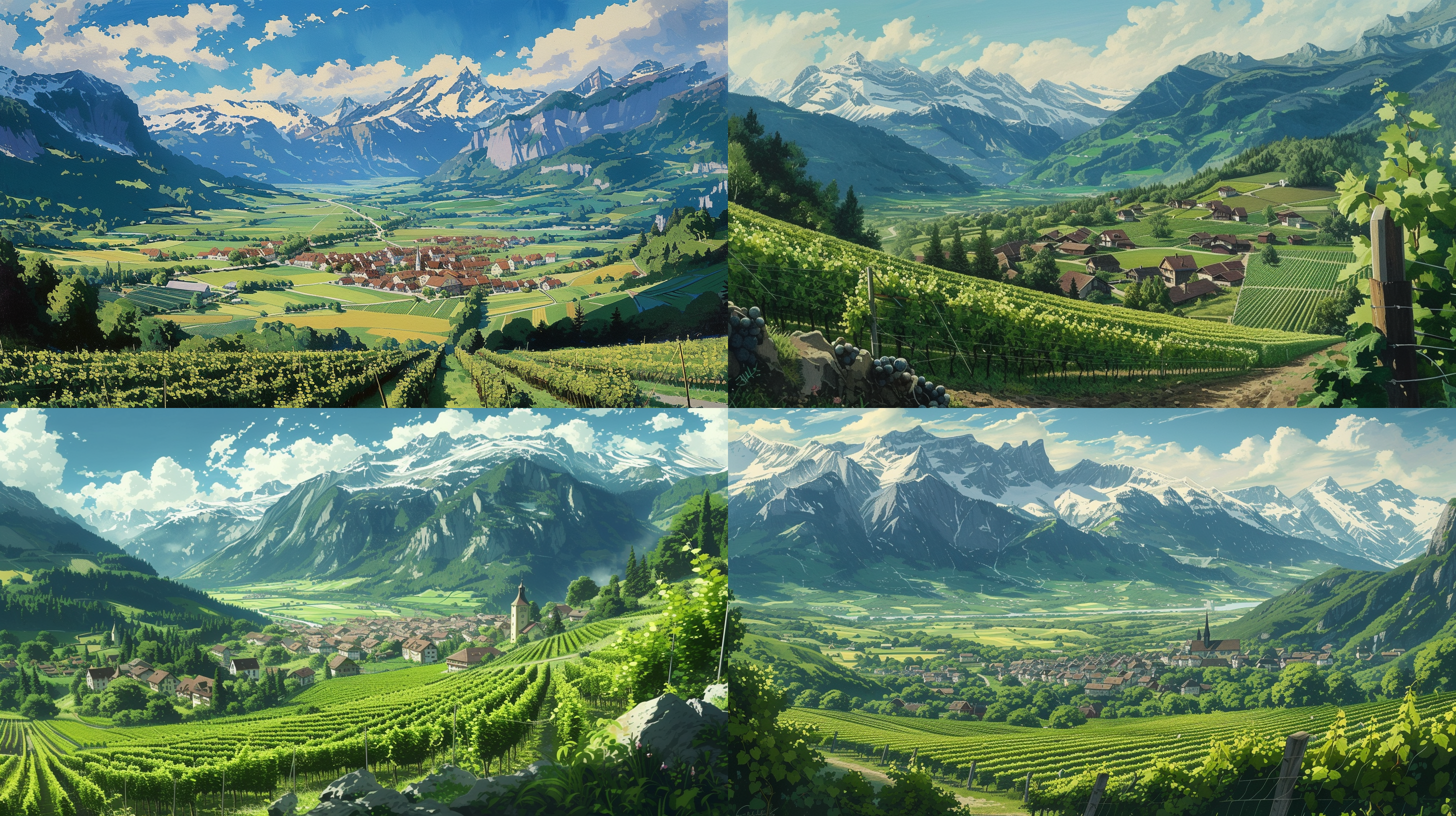 葡萄领域与村庄在远处，鸟瞰图，坐落在雪山在switzerland，1980 1990动漫复古怀旧-ar 16:9-s 90-niji 6