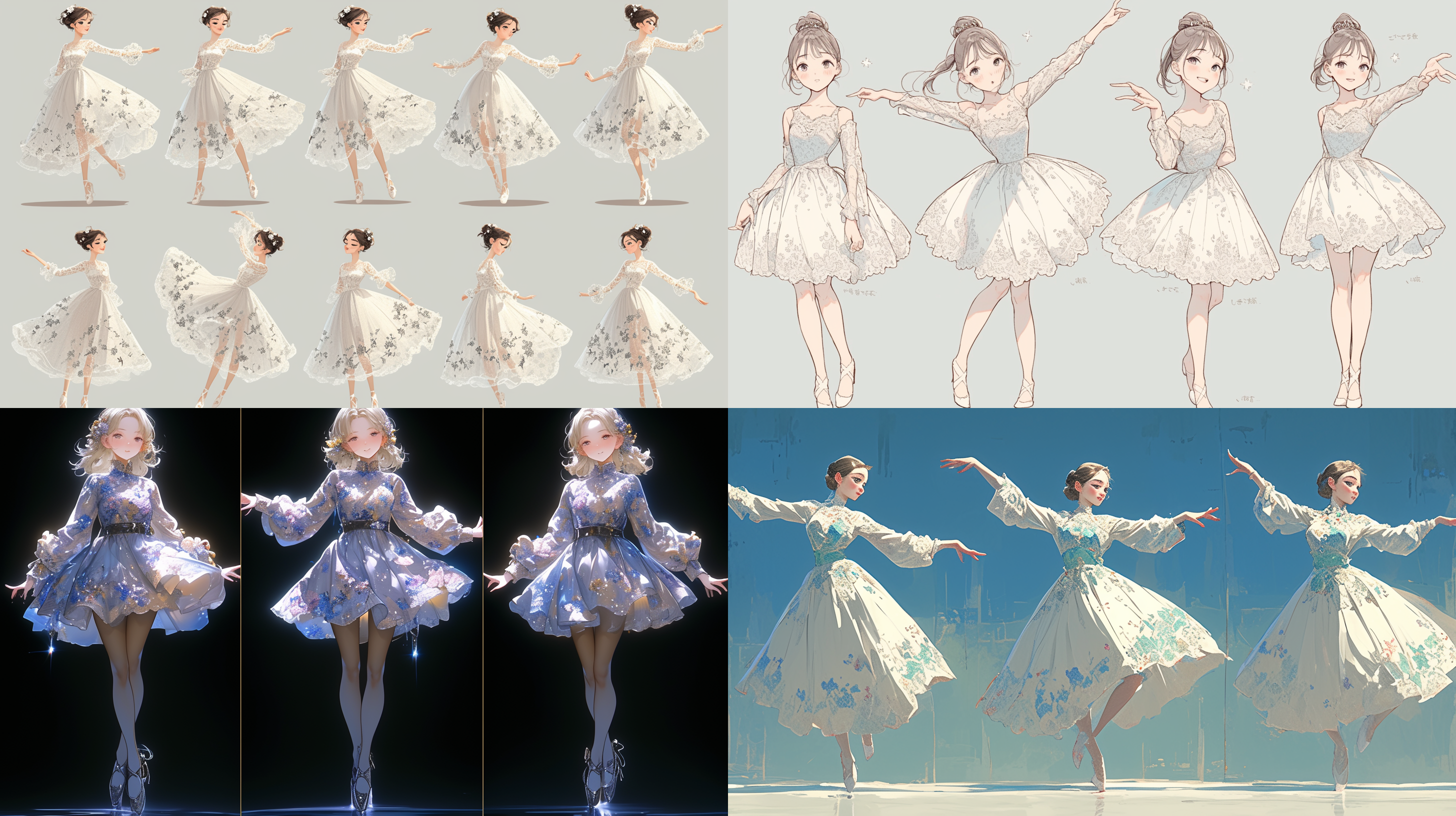 three-view drawing, enerate three viewsnamely, the front view, the side view and the backview, full body,an adorable girl in a white lace dress, dancing and showcasing graceful dance movements,the background is clear, rendered in a 3d cartoon style to bring vibrancy and cuteness to the visuals, with bright and vivid colors, high definition