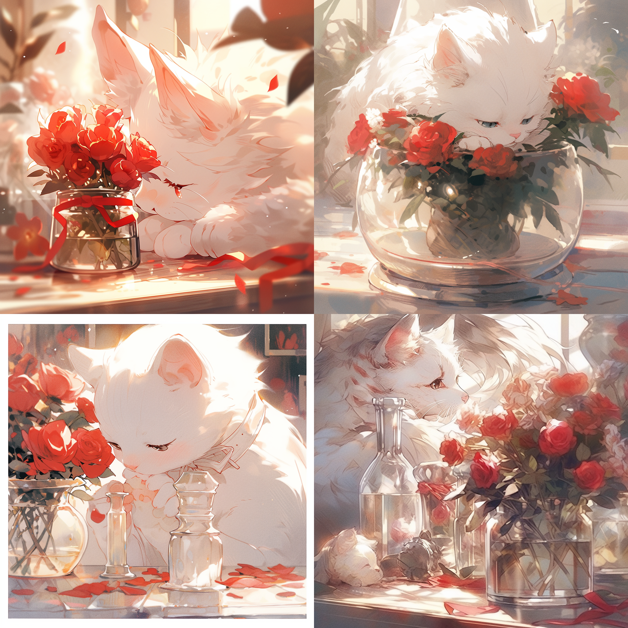 只白色的长毛的的猫，在闻玻璃花瓶上的一支红色玫瑰花，画面唯美