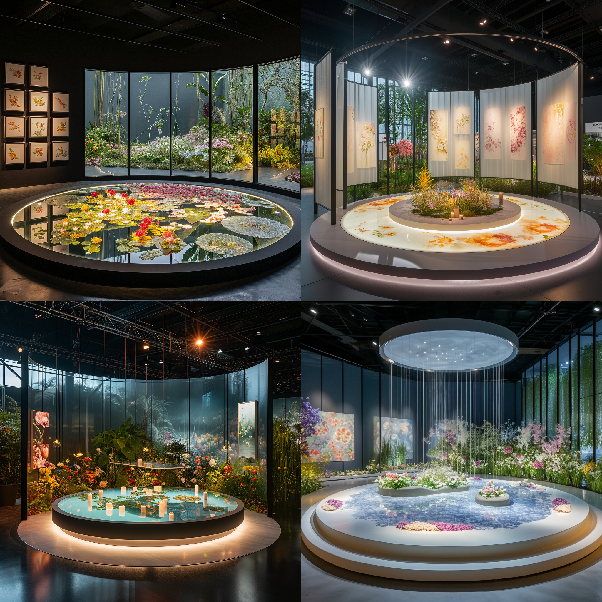 圆形展台，位于室内，光线从顶部照射下来，营造出神秘的氛围。在展台上摆放着精美的艺术品，每件作品都展现着独特的创意和技巧。展台的背景是一面巨大的玻璃墙，透过玻璃可以看到外面的美丽花园。展台中心放置着一个精致的水池，水面上漂浮着鲜花和蜡烛，给整个场景增添了浪漫的气息。圆形展台，室内，光线，艺术品，创意，技巧，玻璃墙，花园，水池，水面，鲜花，蜡烛，浪漫。