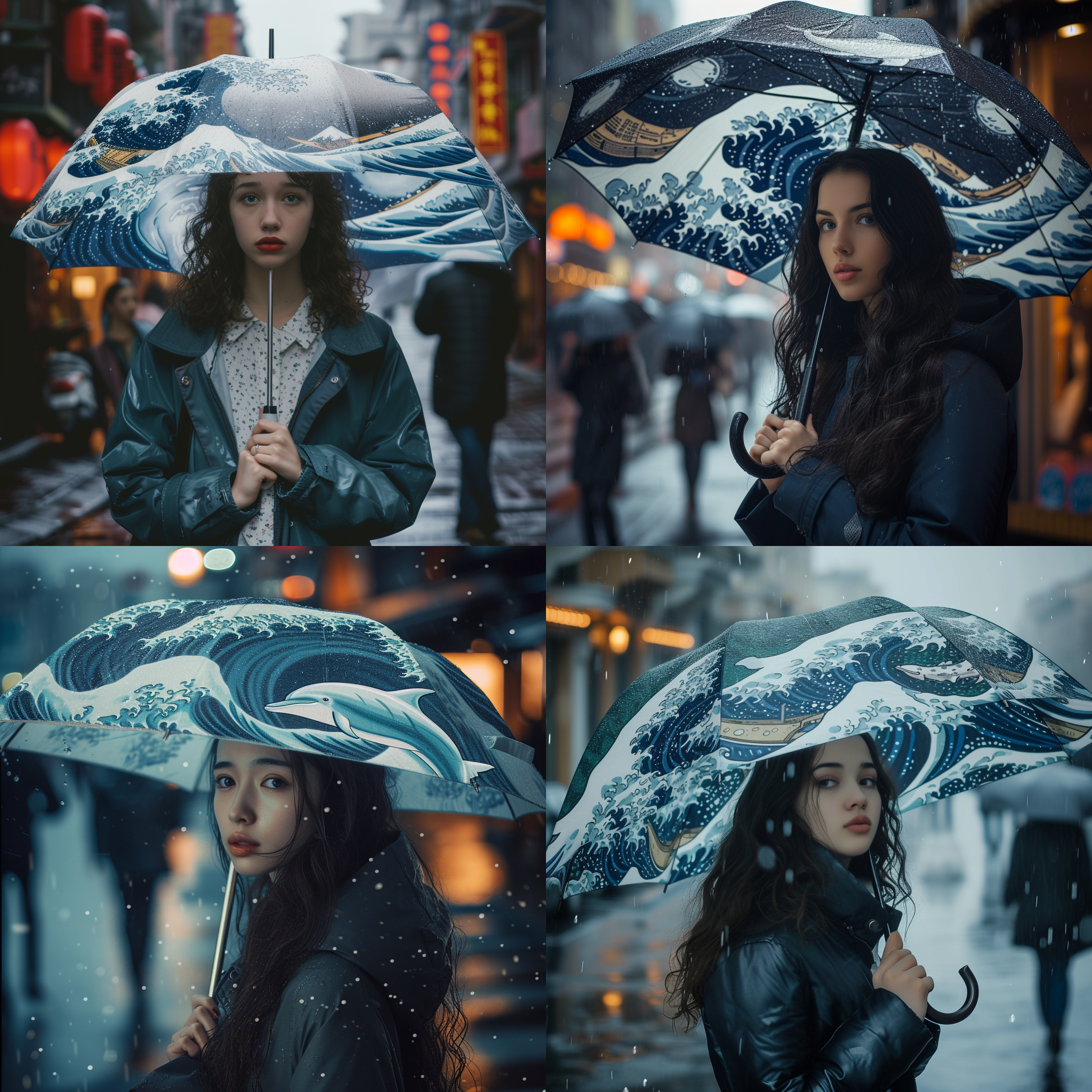 下雨天，一个美女打着一个透明的雨伞，雨伞的边是白色的海浪，海浪上上有手绘的海豚，氛围感，雨滴落脸上，完美构图，细节刻画，，街道上，长焦镜头，快门延迟，行人打伞，忧郁