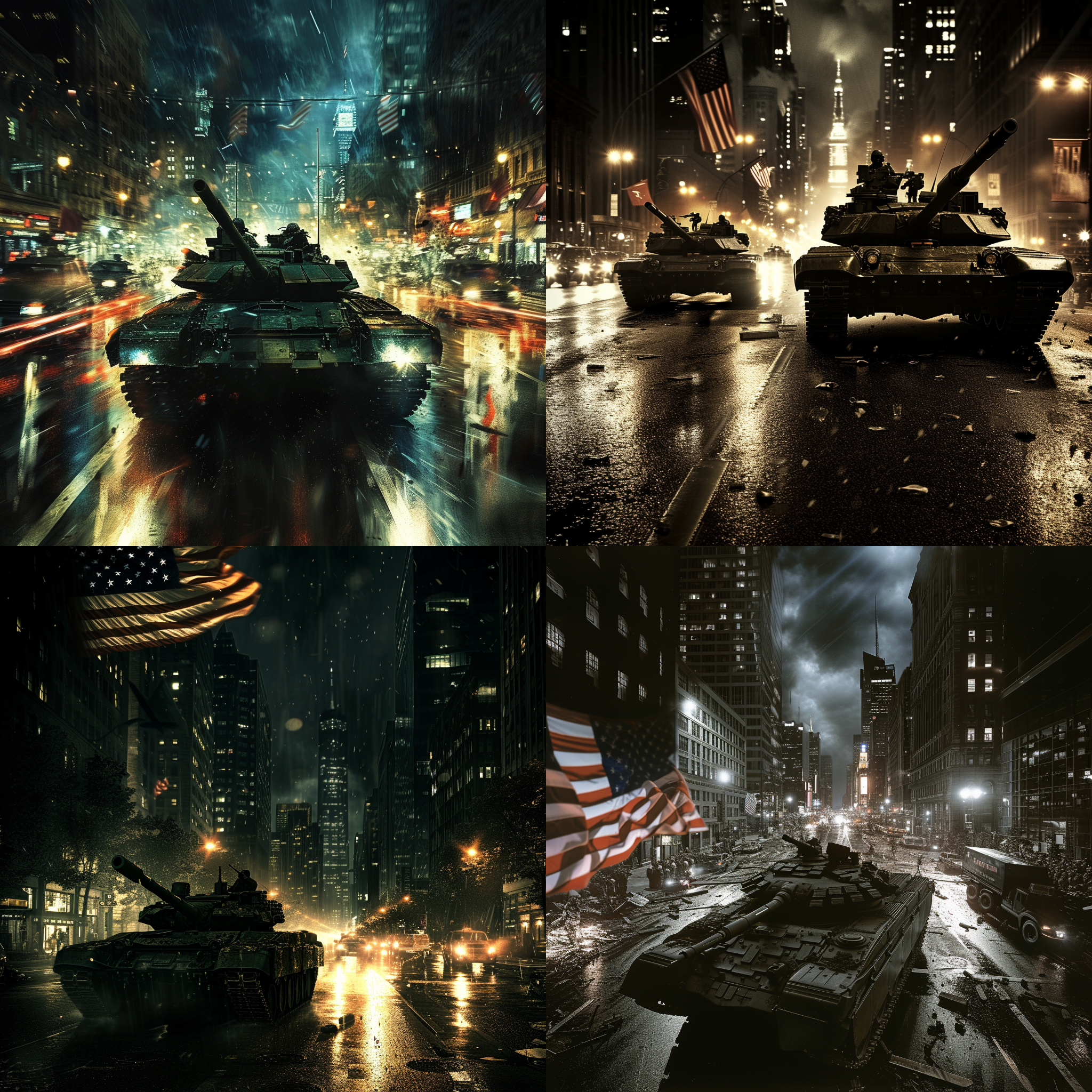 战争，五角大楼，美国，坦克行驶，美国大兵，实枪核弹巡逻，紧张气氛，城市街道，高对比度，宽幅镜头，夜晚，闪光灯，军事动作，威武，美国国旗，壮观，压迫感