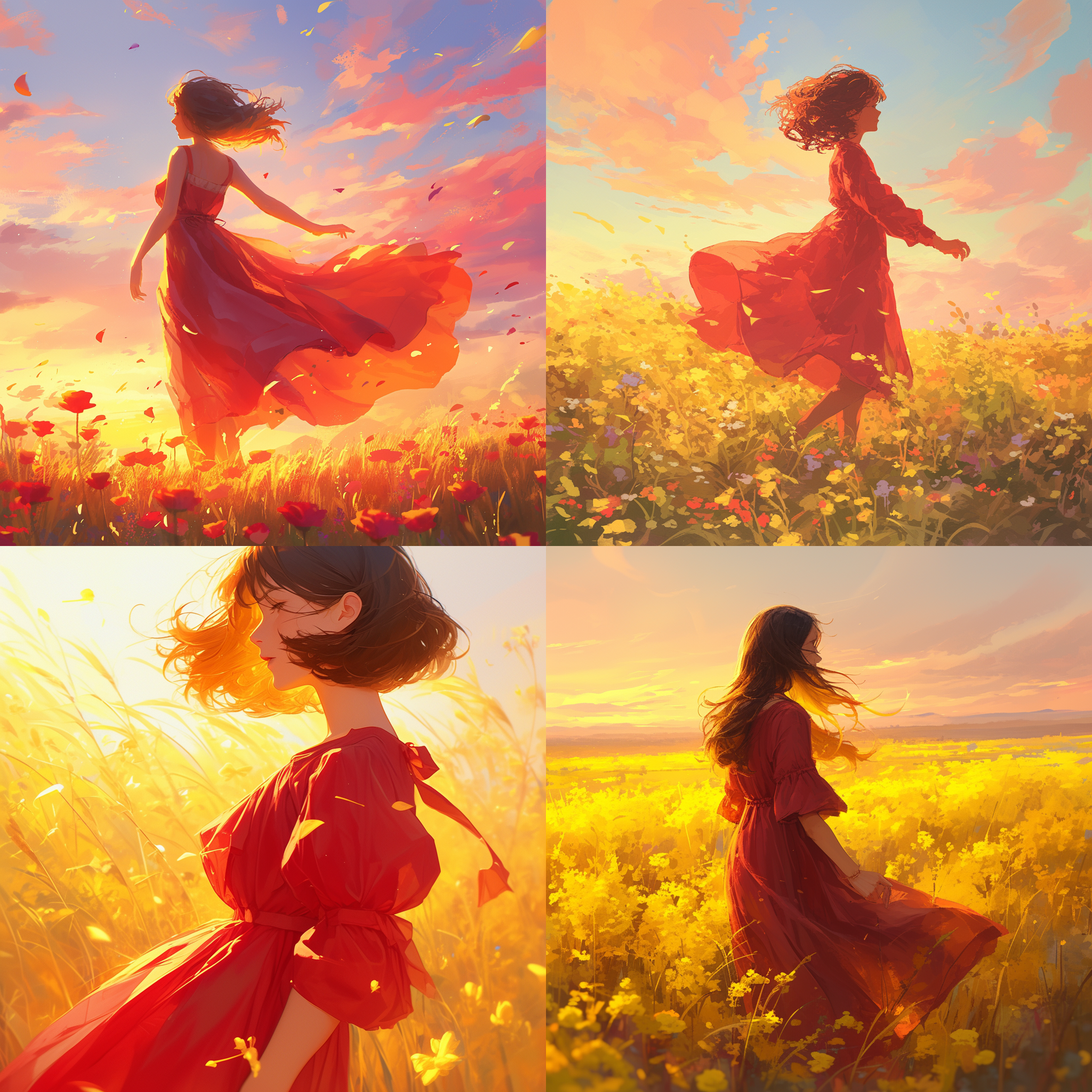 sharp focus, woman wearing a red dress, standing in a field of wildflowers, sun setting in the background, vibrant colors, soft focus, shallow depth of field