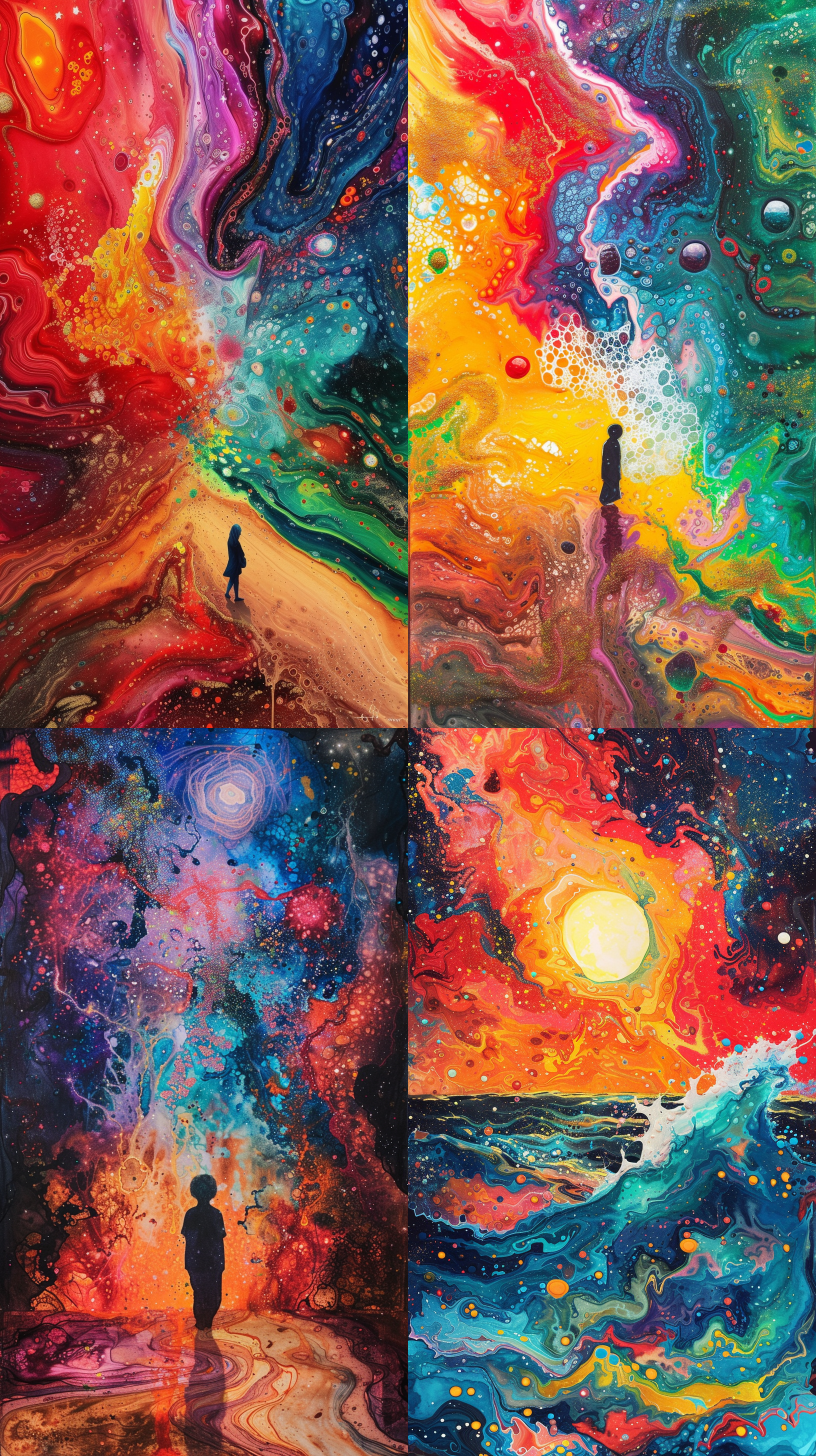 色彩斑斓的液体中有波浪，以宇宙启示为风格，幻想街景，点画艺术品，星艺术团体（xing xing），一个人独自走在这个奇幻的风景中，uhd图像，发光粒子，眨眼即逝的细节，seb mckinnon，逼真的拼贴画，宇宙象征主义，强烈的特写镜头，禅宗佛教。 水彩儿童画 dslr拍摄 红 明亮的 汉服 禅