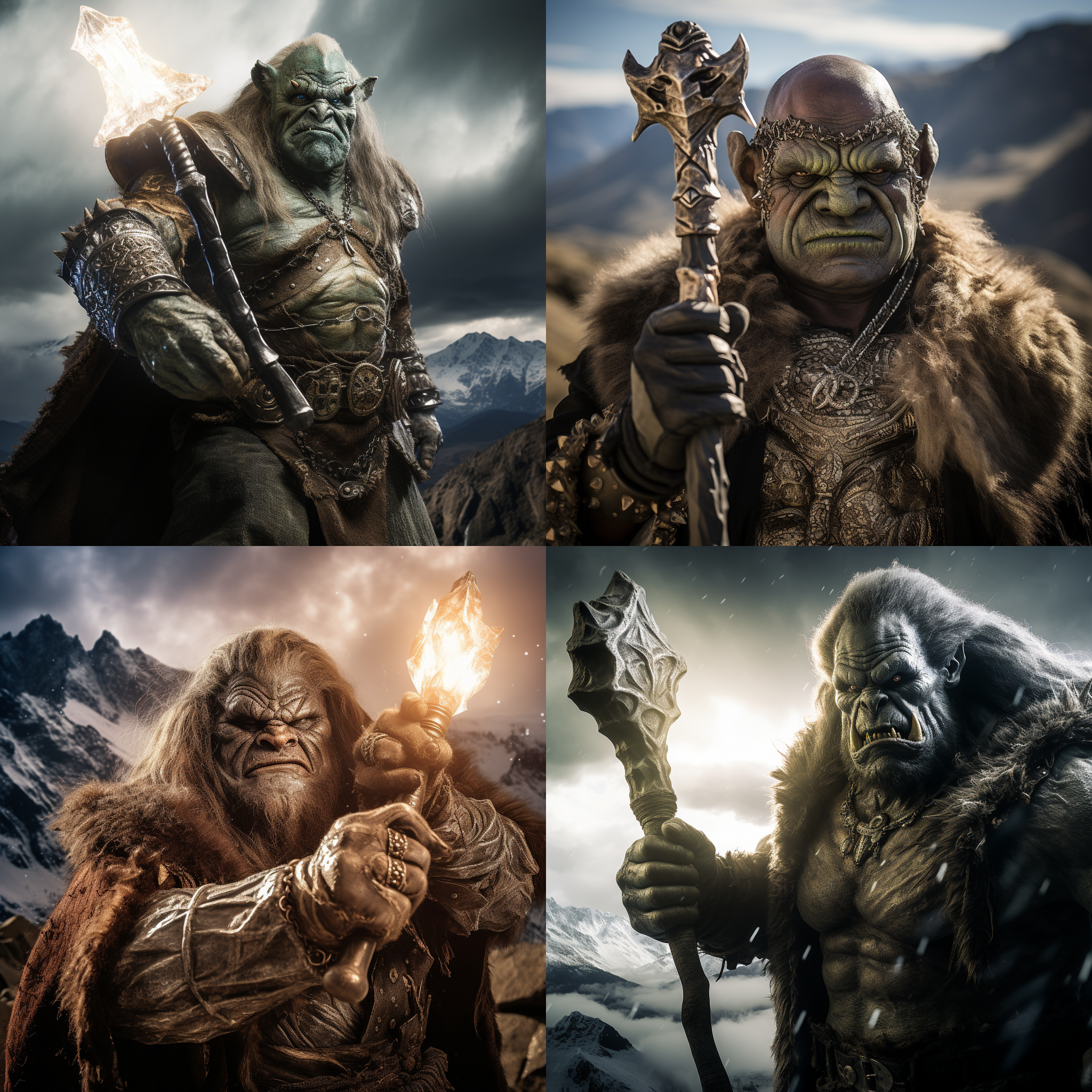 食人魔手持一根粗犷的法杖，上面镶嵌着闪烁的魔力水晶。照片采用高对比度的风格，背景是一个神秘而荒凉的山脉。食人魔身穿厚重的铠甲，表情严肃而威严。光线透过云层洒在他身上，突出了他的强大和威严。食人魔的法杖在手中散发着神秘的魔力。食人魔，法杖，水晶，粗犷，对比度，山脉，铠甲，严肃，威严，光线，魔力。