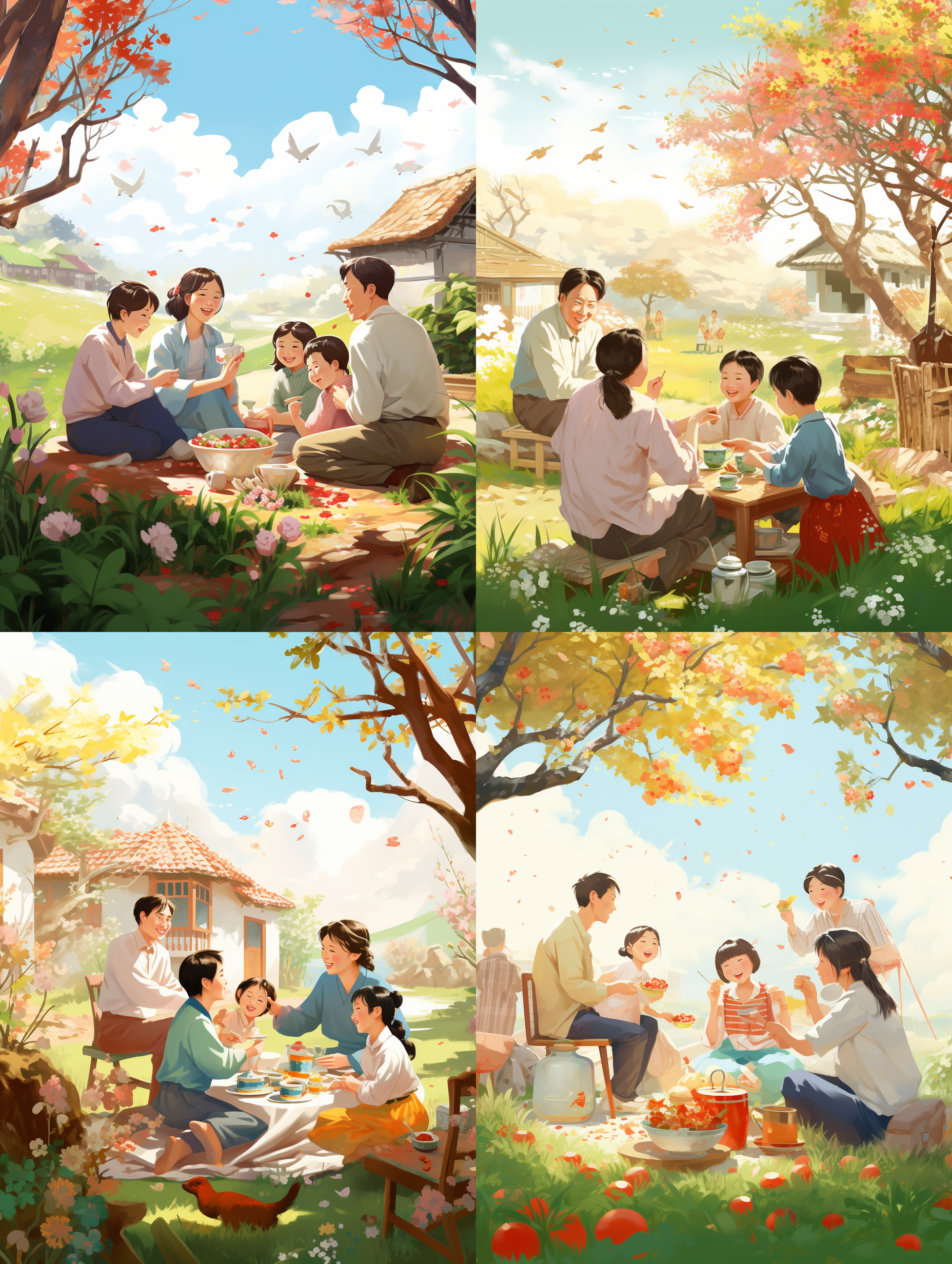 春节海报，中国农村，家庭团聚，一家五口，快乐，温馨，平面插画，简洁，最佳画质