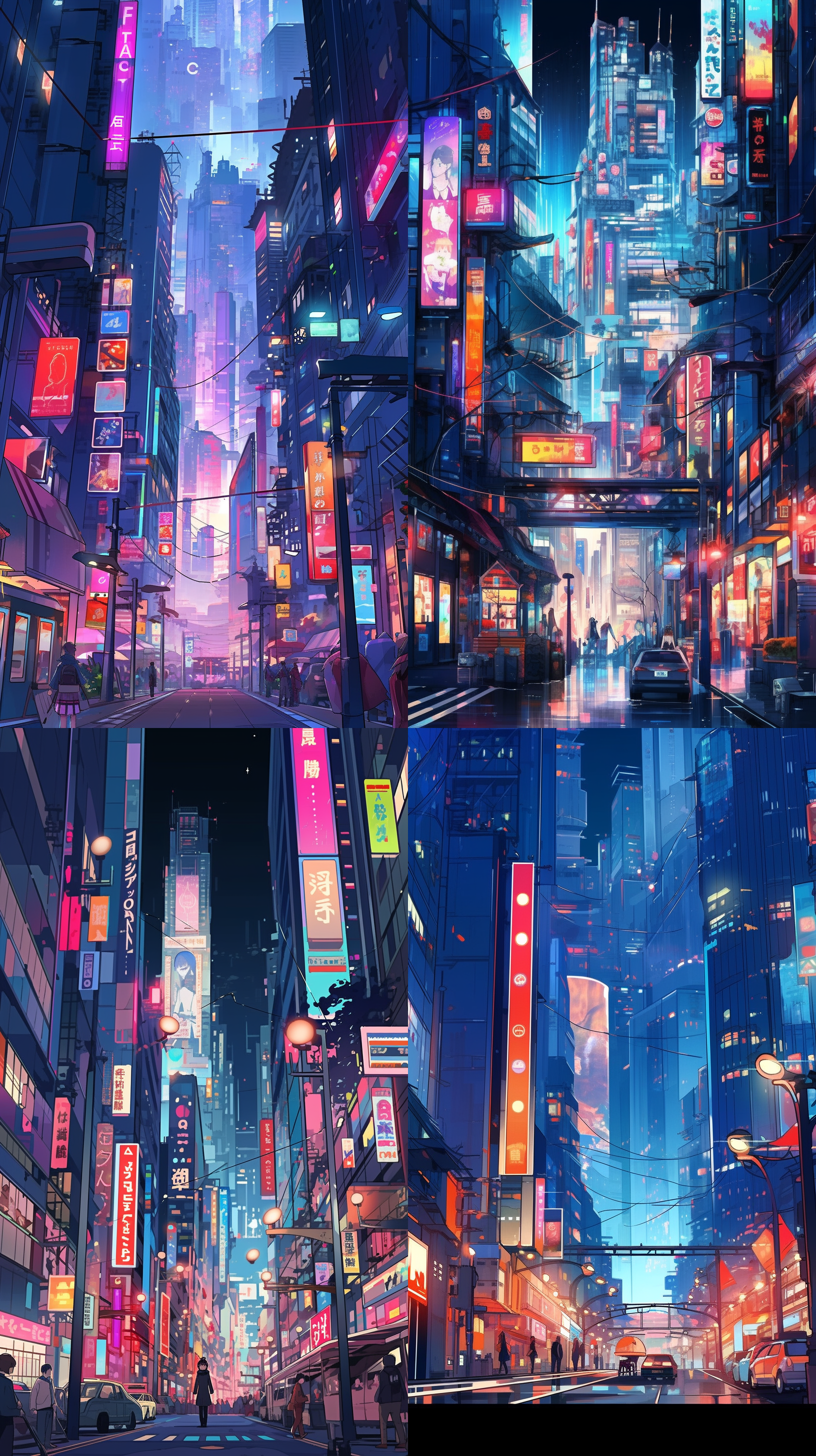 动漫风格的插图，展示了一个夜晚的城市街道。画面中有高楼大厦，霓虹灯闪烁，人行道上有行人和车辆。整体色调明亮鲜艳，线条流畅，充满了活力和幻想感。