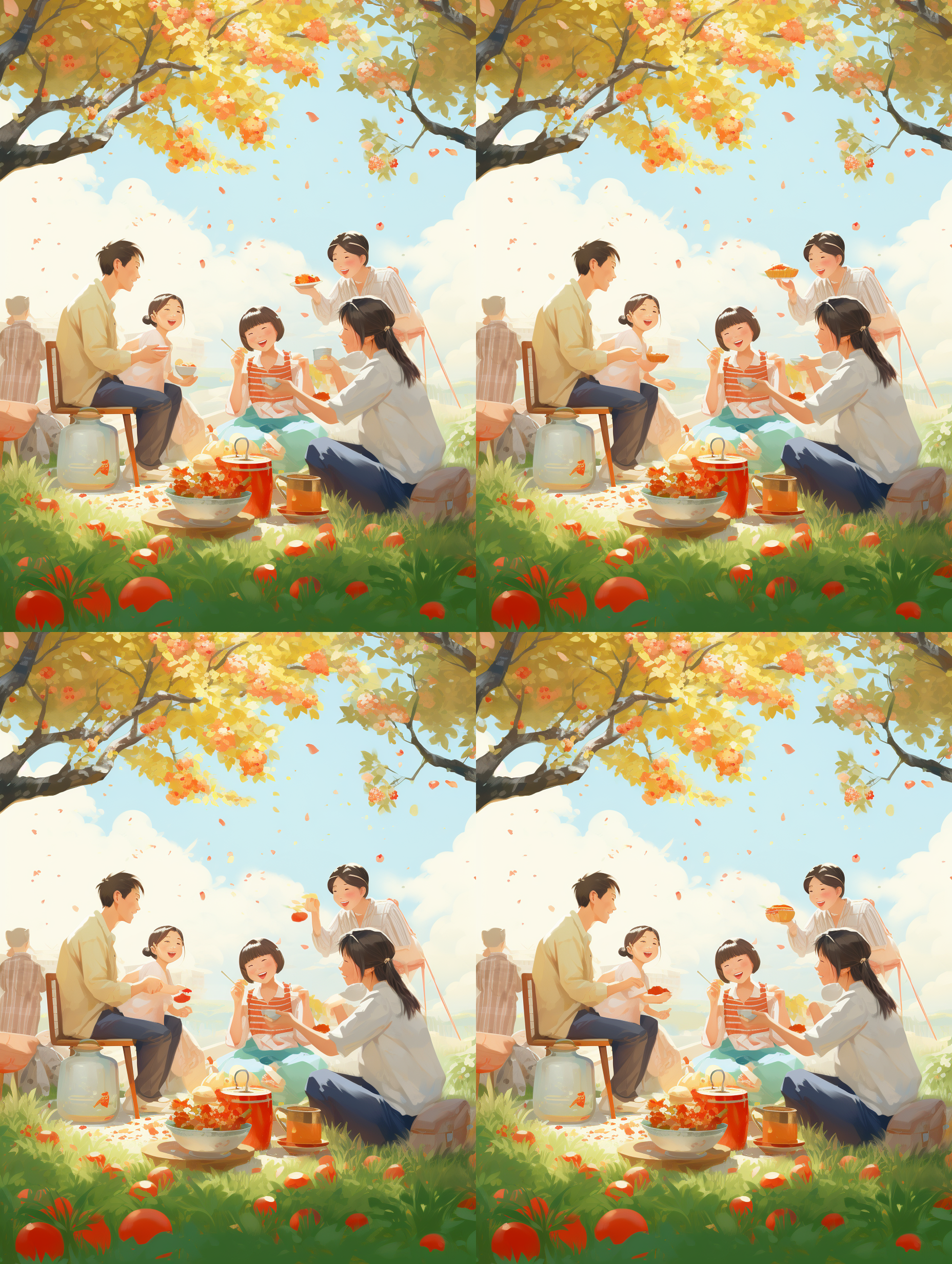 春节海报，中国农村，家庭团聚，一家五口，快乐，温馨，平面插画，简洁，最佳画质