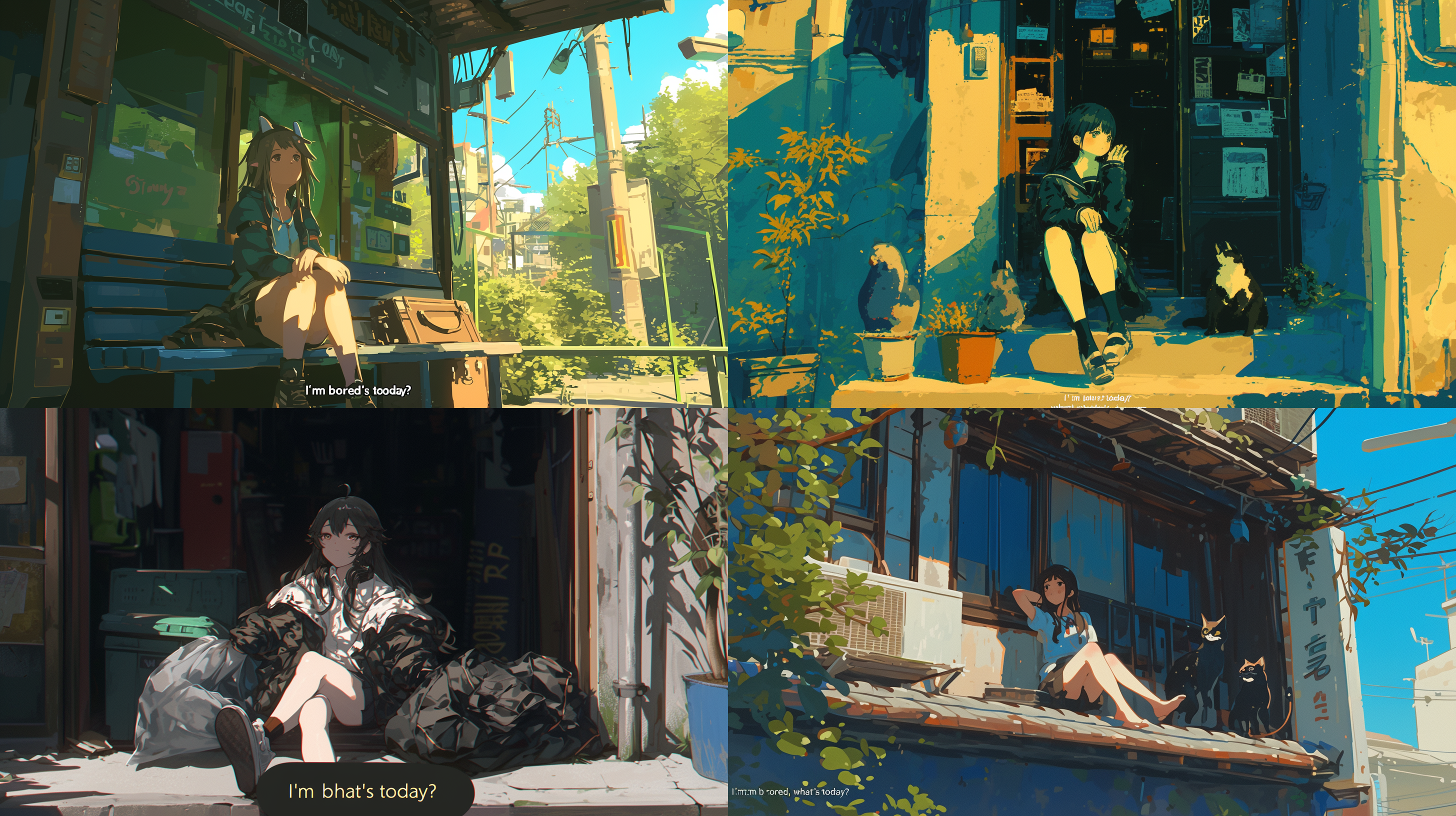 女孩在门廊上懒洋洋地看着城市的话语泡沫"我很无聊，今天是什么日子？"-ar 2:1-ni ji 6