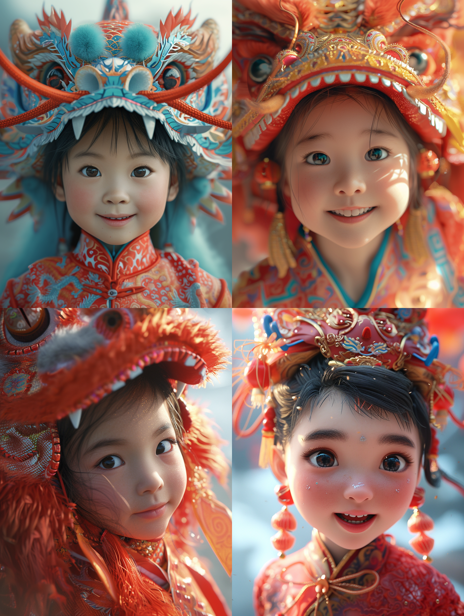 5岁的中国女孩穿着龙装，眼睛大大的，微笑着看着镜头。风格如虚幻图像，美丽动人。32k uhd，龙艺术，浅红和天蓝色，不真实的引擎5-ar 85:128-s 250-v6.0-原始风格。