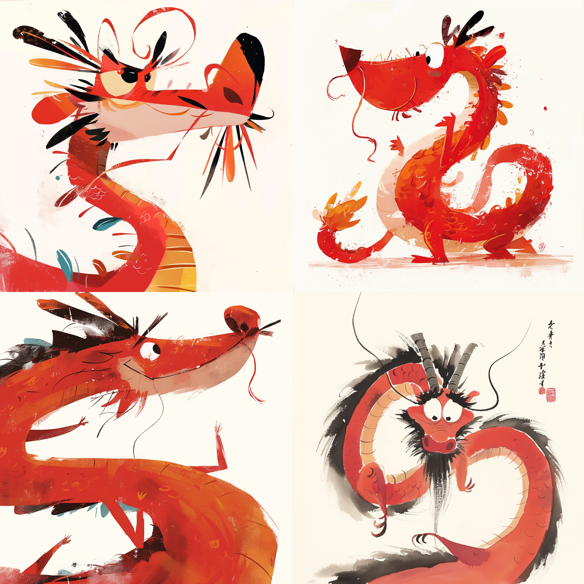 吴冠中绘制的，中国龙动画，非常可爱的龙，卡通，有趣又愚蠢，前视图，红色，特写头，水墨意境，抽象简单的线条，极简注意，毕加索，高级配色，白色背景，18k，插画风格