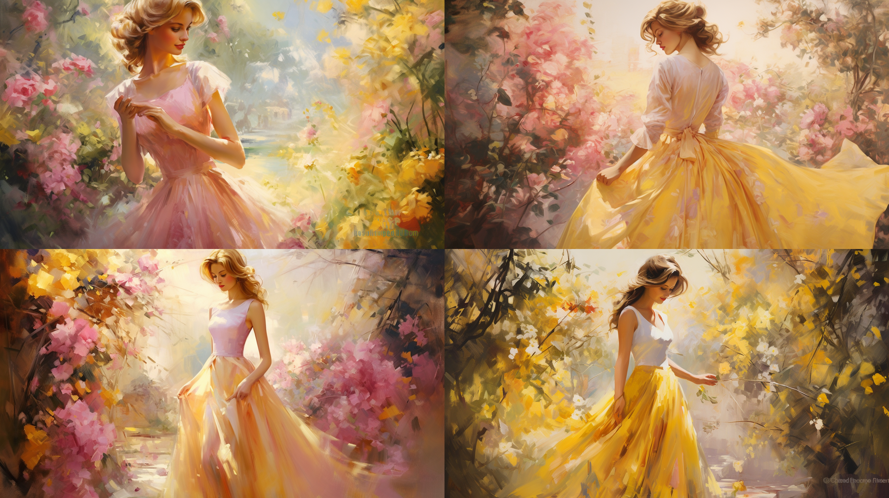 ultra-fine painting, a woman in a dress of golden yellow and pink, in the style of impressionism, a garden full of flowers, pastel colors, light and shadows,