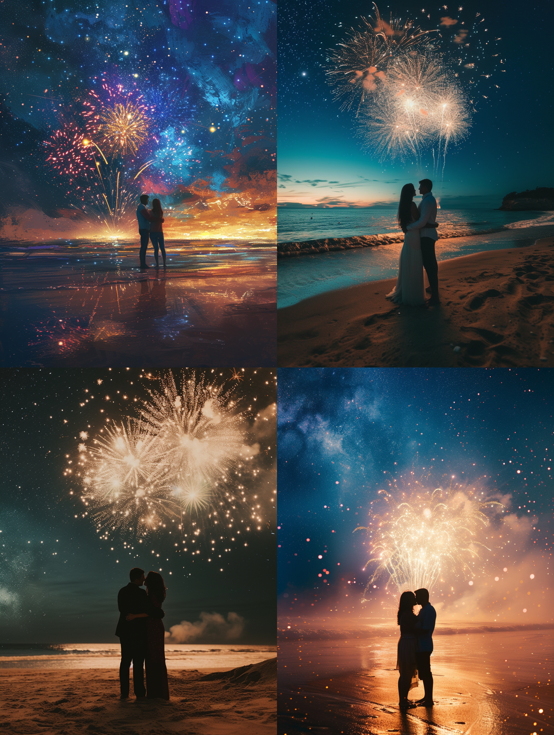 情侣拥抱，星空下，烟花绽放，海滩上，温暖色调，长焦镜头，远景，浪漫，喜悦，幸福，表达爱意。
