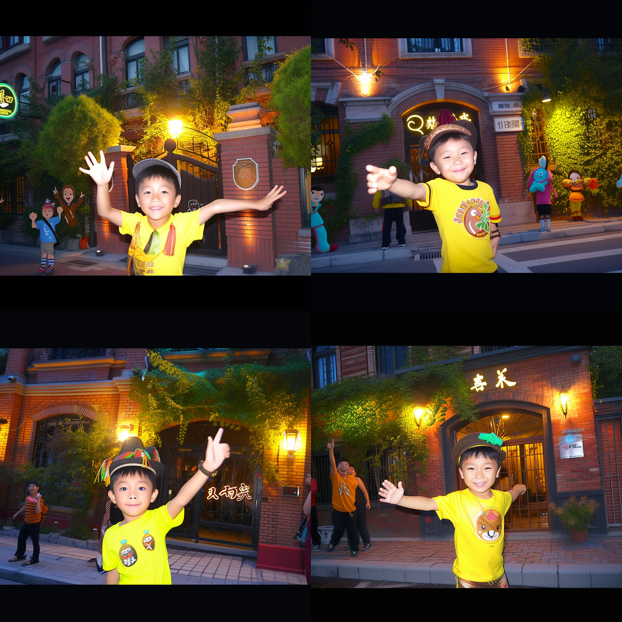 卡通场景，明亮色彩，背景是一个欢快的城市街道。主角是一只可爱的卡通角色，穿着鲜艳的服装，帽子上有流苏。他正面带笑地向镜头挥手，周围有其他卡通人物在欢呼。透视构图，宽广的画面，使用长焦镜头拍摄，捕捉到了许多细节。喜悦，热闹，幸福。