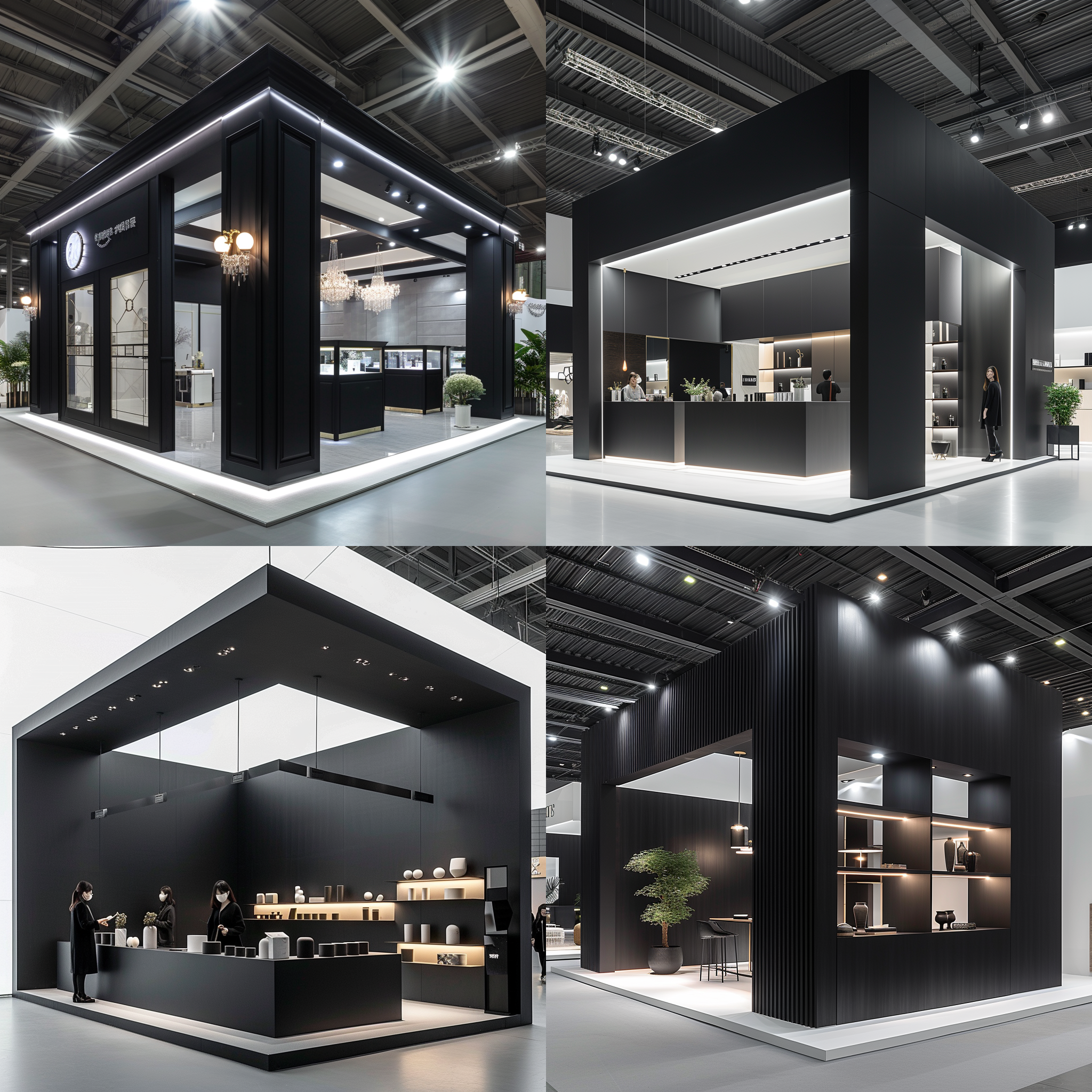 黑色简单大气展台，位于室内空间，背景是明亮的白墙，展台上陈列着精致的产品和装饰品。展台采用对称布局，以黑色为主，简洁而高雅。光线柔和而均匀，给人一种温暖而舒适的感觉。展台上工作人员穿着专业的服装，展示出专业和自信的形象。黑色，简约，对称，高雅，温暖，舒适，专业，自信。