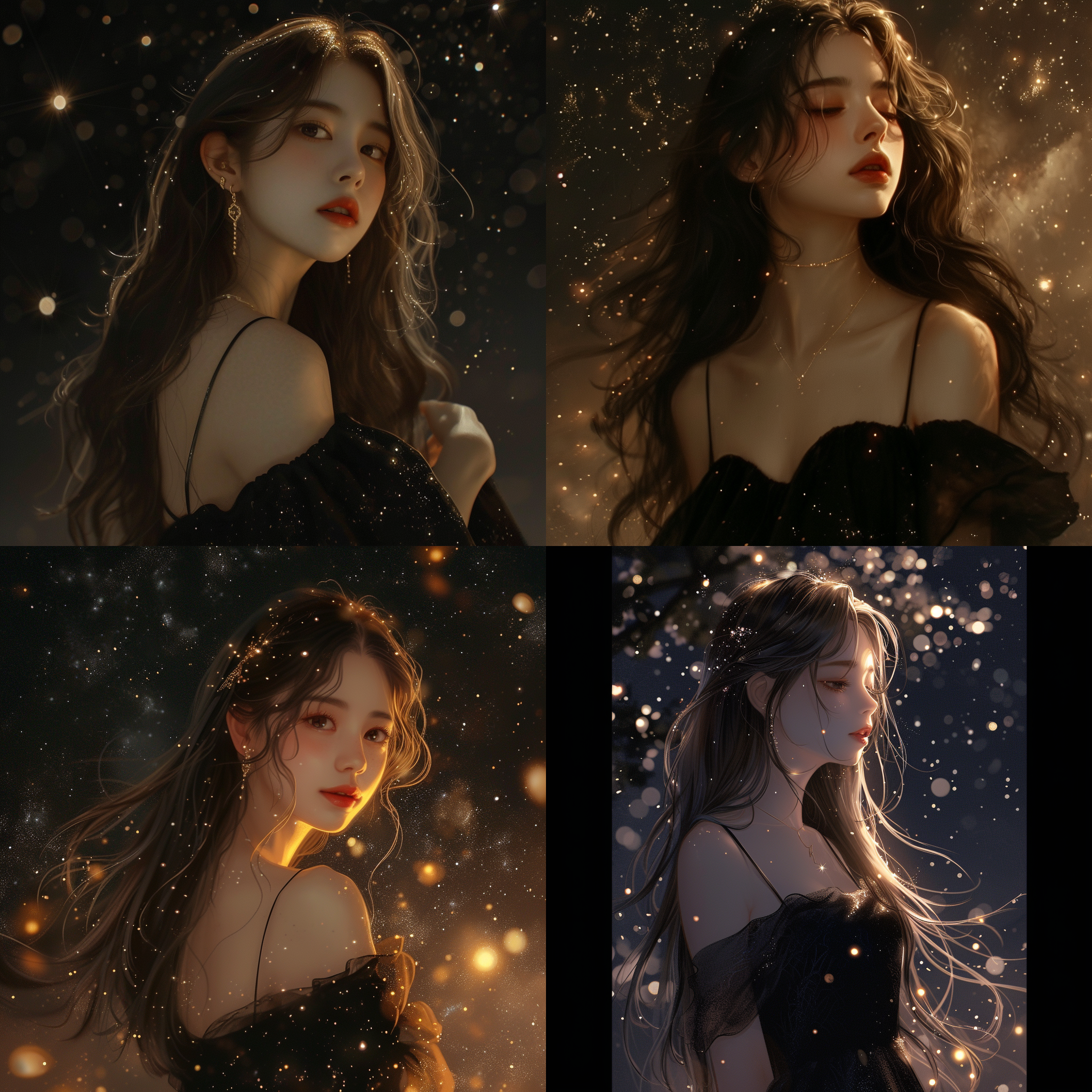 斜视角，长发披肩，黑色连衣裙，星空闪烁，夜晚，柔和光线，正脸，温暖色调，细节丰富，自然风格，迷人气质，感性情绪。