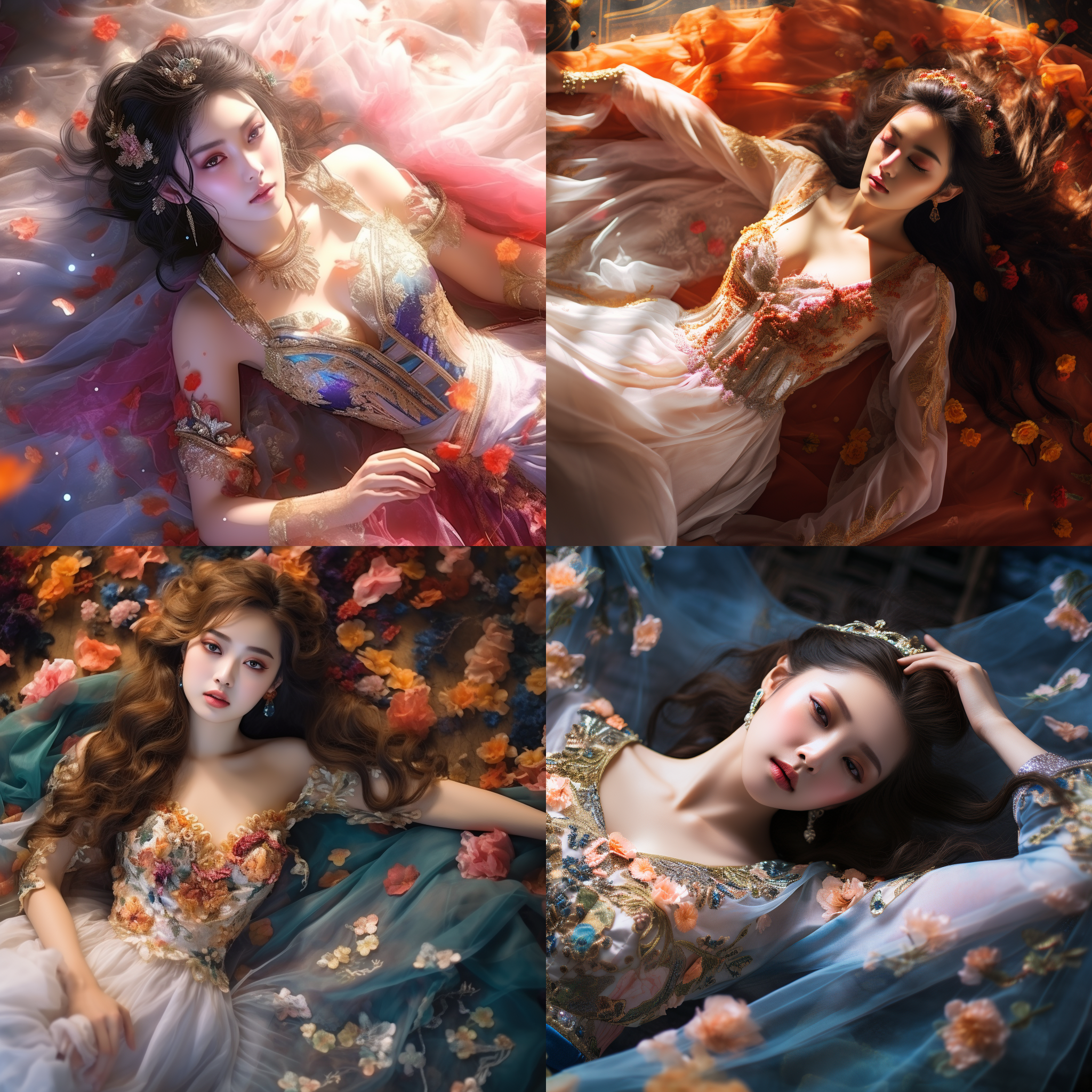 **高角度拍摄，美丽的中国女神，蕾丝，美丽的连衣裙，美丽的眼睛，鲜艳的色彩，幻想艺术，柔和的光芒，美丽，8k，生动的背景，散景，完美