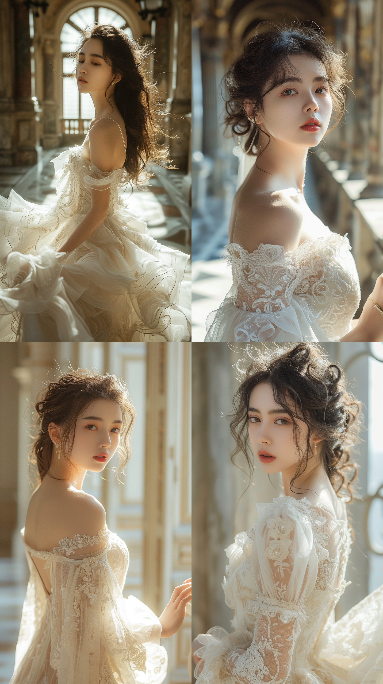 摄影成像，白色婚纱，巴洛克风格，中国美女，全身，法国古建筑，自然光