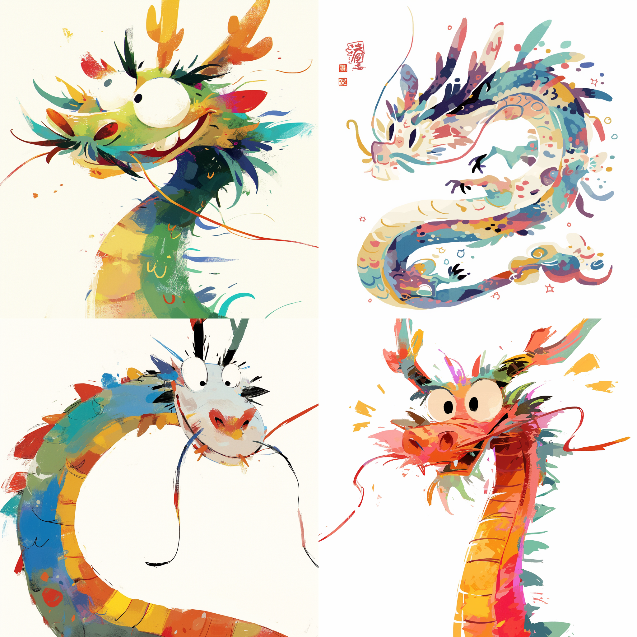 吴冠中绘制的，中国龙动画，非常可爱的龙，卡通，有趣又愚蠢，前视图，五颜六色，特写头，水墨意境，抽象简单的线条，极简注意，毕加索，高级配色，白色背景，18k，插画风格