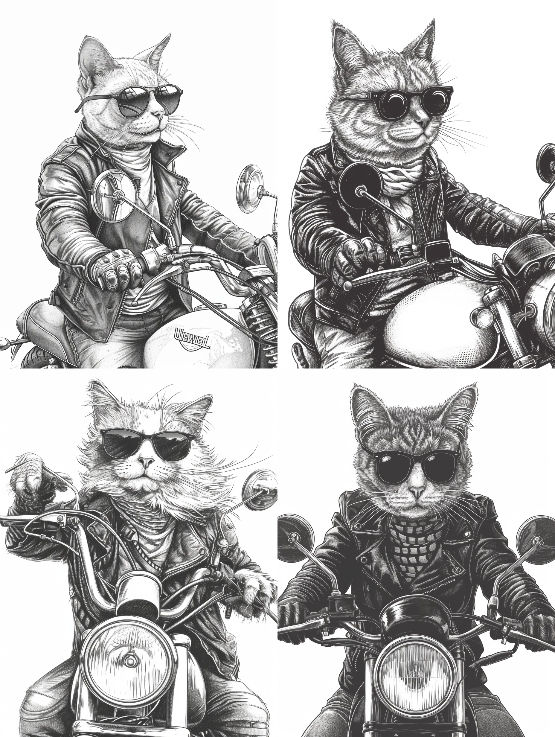 线稿风格，猫戴着太阳镜，穿着皮夹克，骑着摩托车，没有背景，非常详细