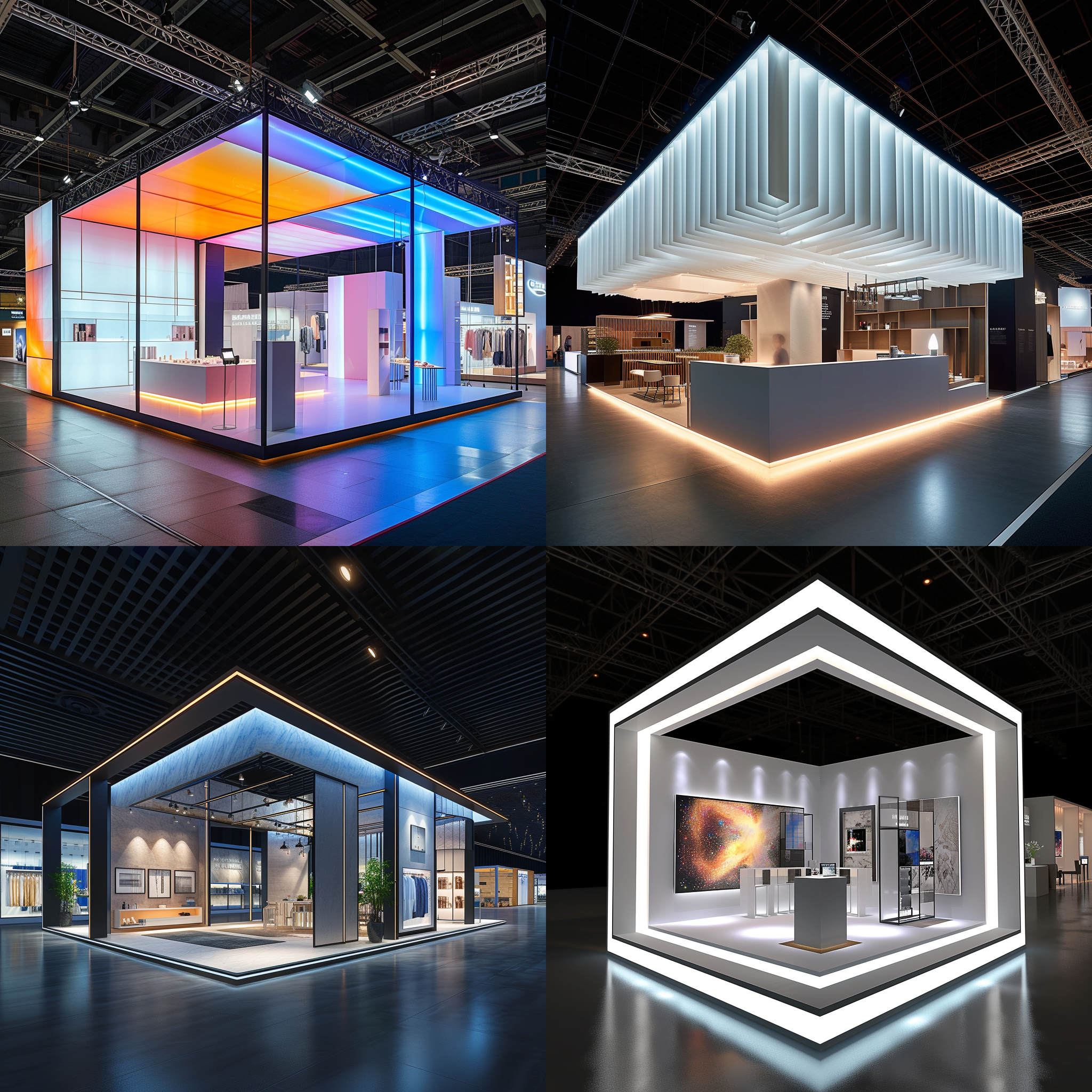 方形吊顶的展台3d室内设计展览，呈现出工业风格和简约大气感。摄影师使用广角镜头捕捉整个展台的景象，利用高对比度和明亮的照明效果突出展品。展台上陈列着精致的设计作品，色彩鲜艳，展现出活力和创造力。整个场景营造出一种现代感和专业感，给人以震撼和赞叹之情。