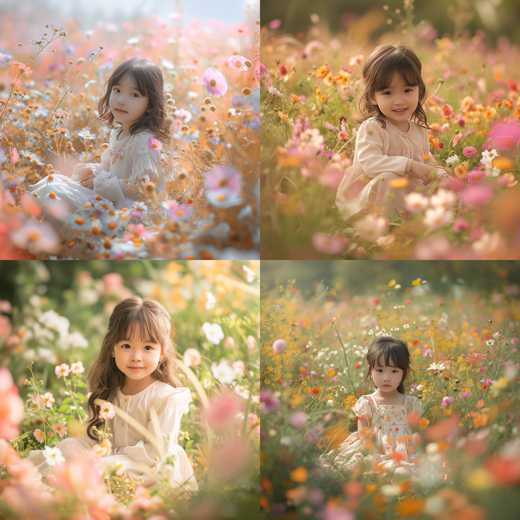 唯美百花园中，可爱小女孩微笑坐在花海中央，视线直视镜头。环境优美，花朵装饰周围。照片采用特写视图和正视图，呈现高品质和超级细节的逼真渲染风格。自然光打在小女孩脸上，给人宁静和自然的感觉。整体色调柔和，营造出温馨的氛围。
