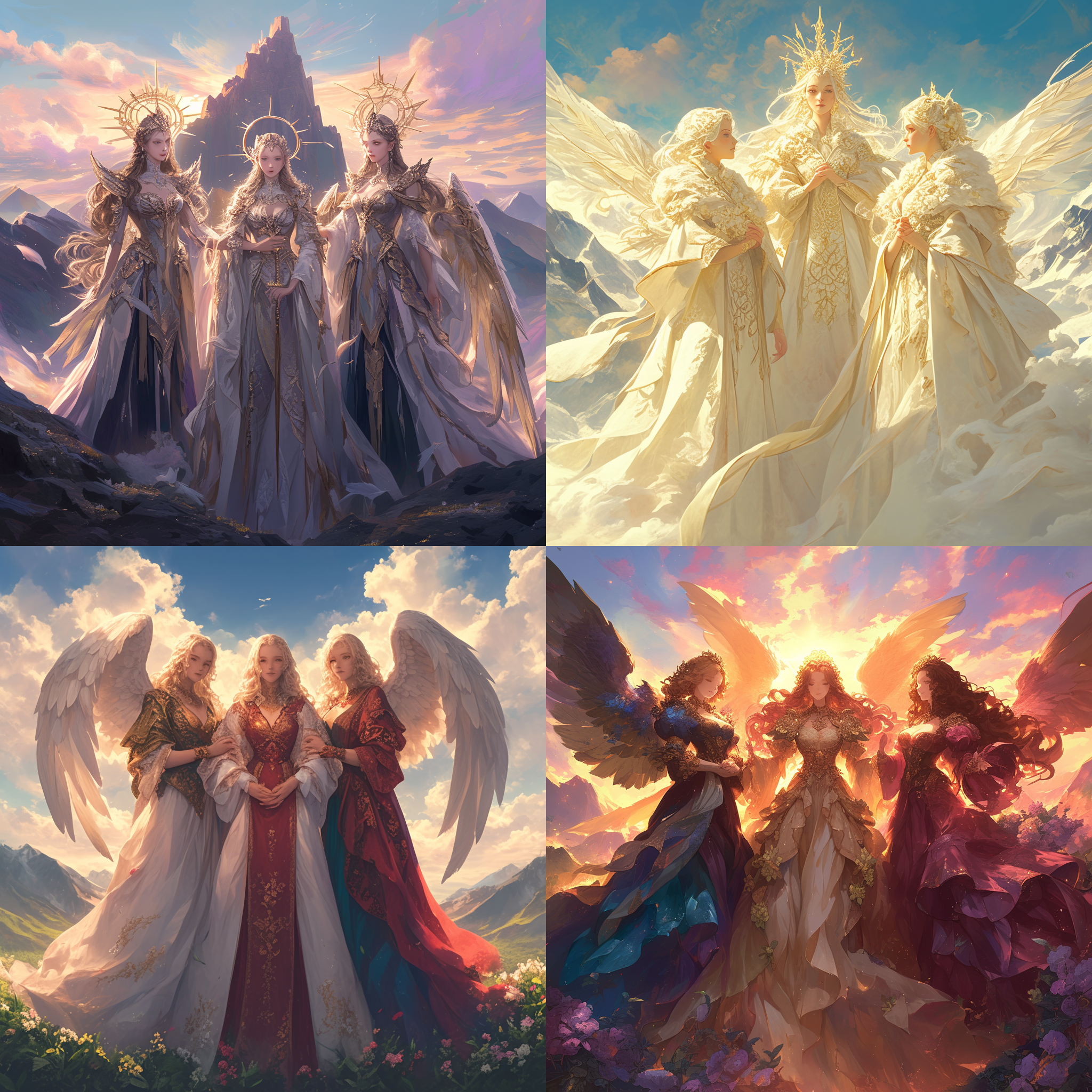 三姐妹，神后、花神和爱神，站在宏伟的山脉之间。大姐身着华丽的皇后服饰，二姐身披花朵婀娜多姿，三妹拥有柔和的羽毛翅膀。广角镜头捕捉到她们的英姿，柔和的侧光照亮了她们的面容。温暖的色调和舒缓的情绪强调了她们的神性。神秘而令人敬畏的氛围洋溢其中。 神姐妹，山脉之间，广角镜头，侧光，华丽服饰，花朵，羽毛翅膀，温暖色调，神性，英姿，舒缓情绪，神秘，敬畏