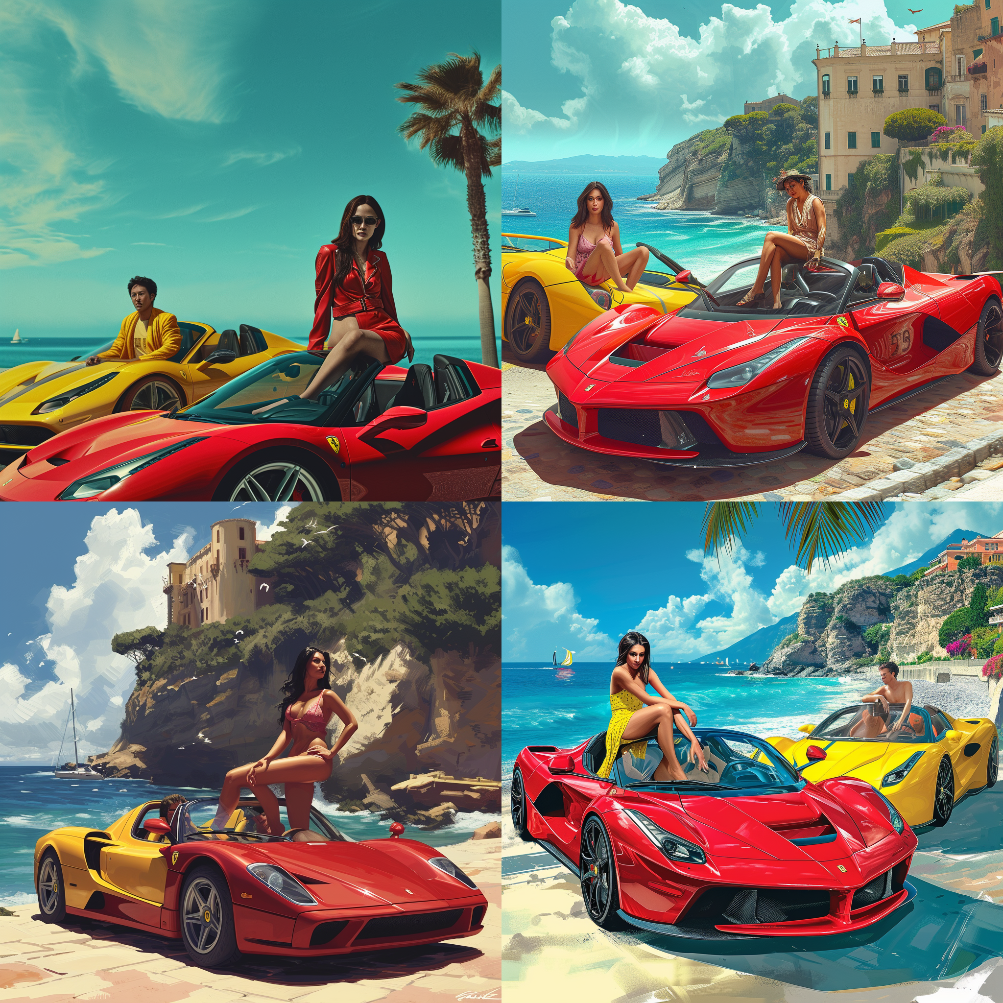 a red sports car with an asian beauty sitting on the roof, alongside a yellow sports car with a european man sitting on the roof, set against the backdrop of a european beach.