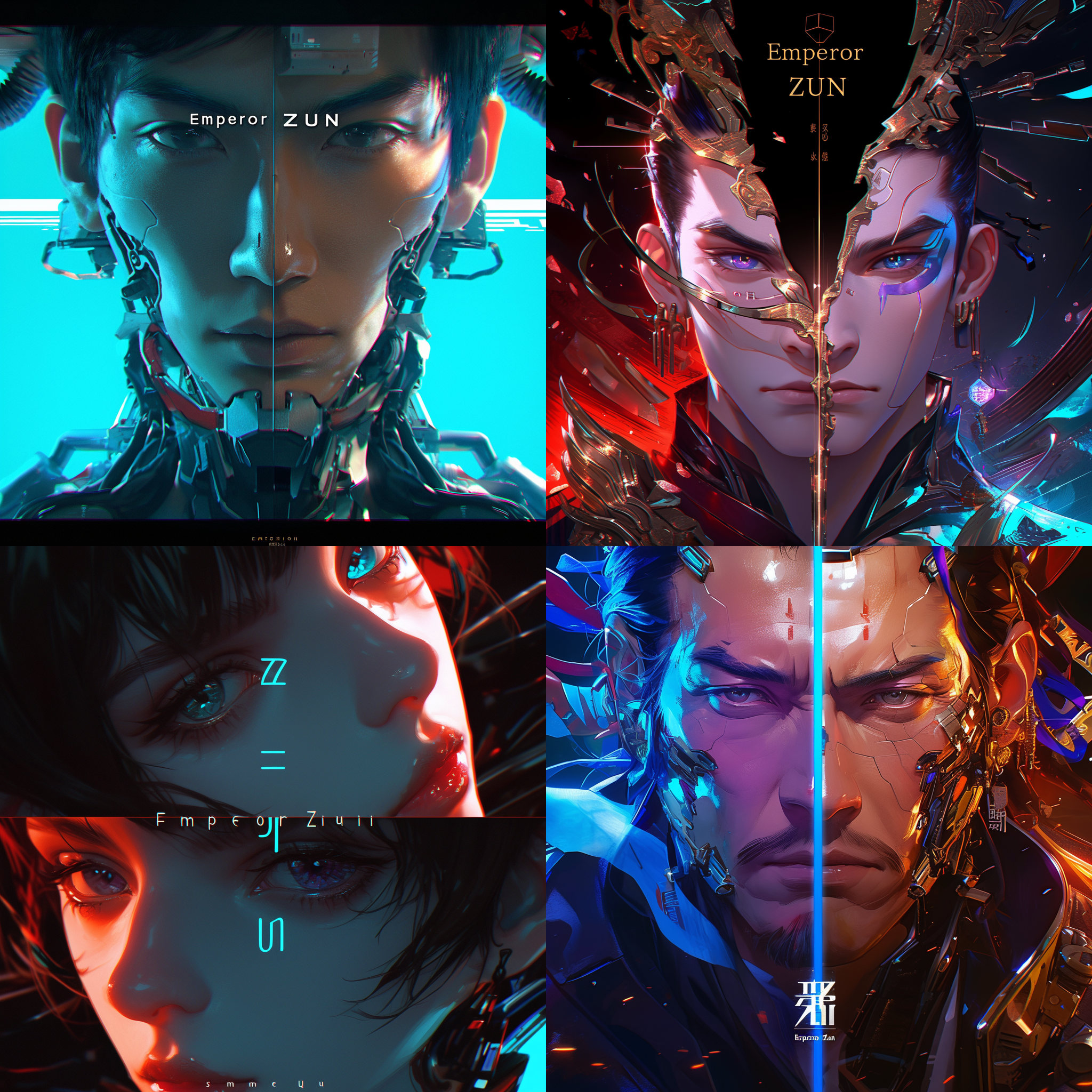 面对面的两个脸，左边是善的一半脸，右边是恶的一半脸，上方有大写字母“帝尊”字样。照片采用赛博朋克风格，特写镜头突出凝视的魅力，背景呈现镜像领域效果。 面对面，善恶，赛博朋克风格，特写镜头，凝视，镜像领域，大写字母，文字，突出，魅力。