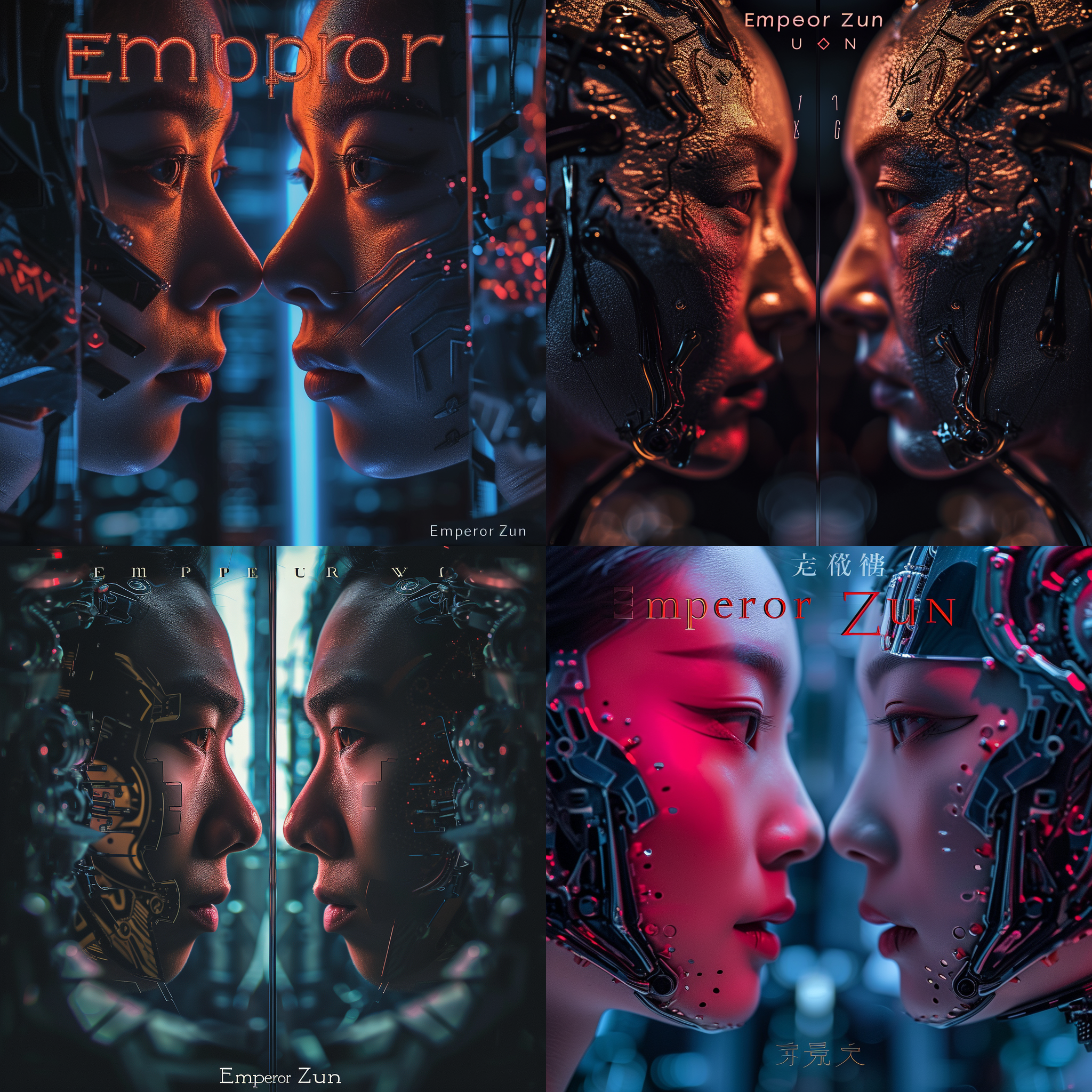 面对面的两个脸，左边是善的一半脸，右边是恶的一半脸，上方有大写字母“帝尊”字样。照片采用赛博朋克风格，特写镜头突出凝视的魅力，背景呈现镜像领域效果。 面对面，善恶，赛博朋克风格，特写镜头，凝视，镜像领域，大写字母，文字，突出，魅力。