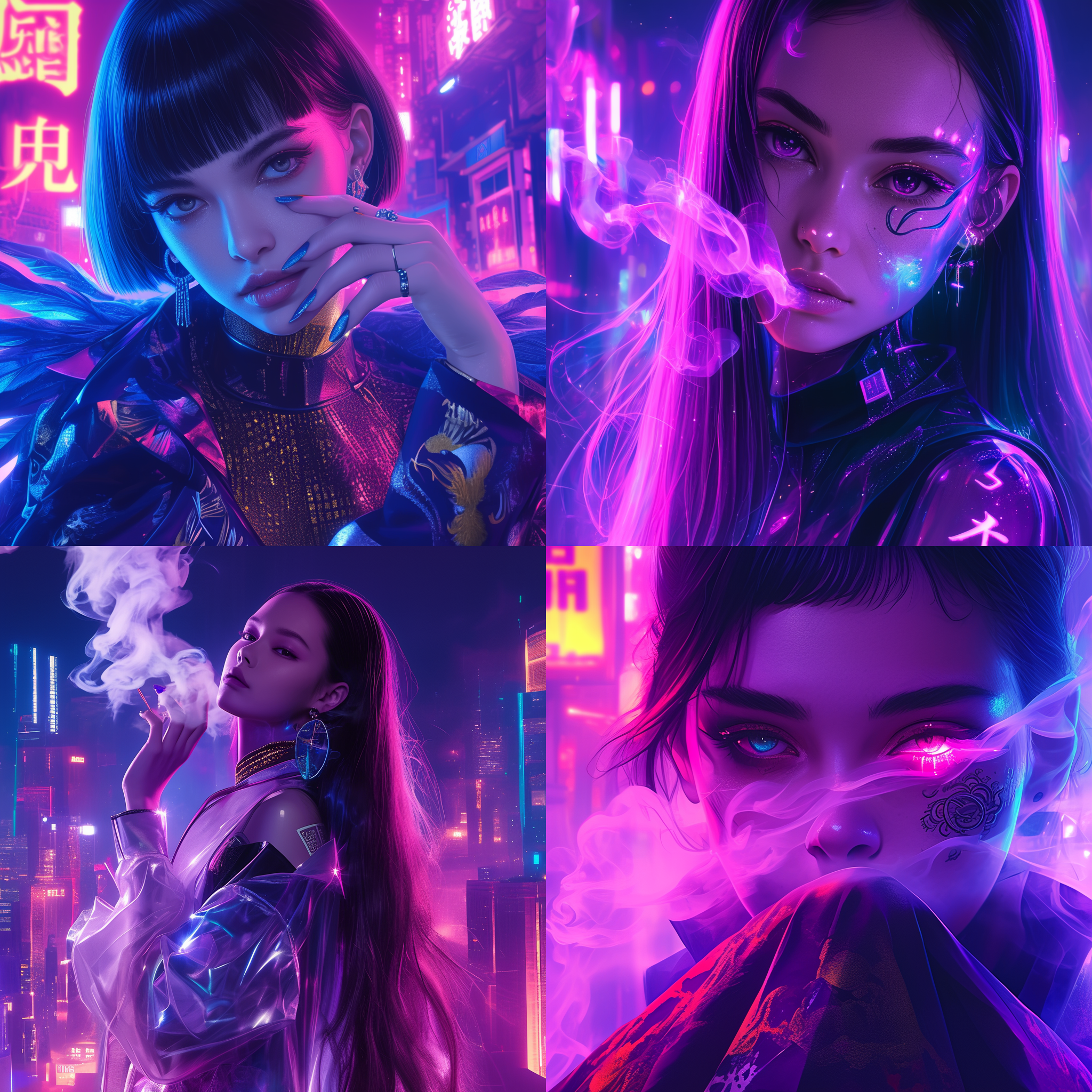 赛博朋克夜之都市，演员迪丽热巴脸，古代侠客服装，太极圆环，宇宙星云版烟雾，特写，玄幻，逼真，高清，莱卡镜头，uhd，32k，紫色，神秘，华丽，魅力，未来感，霓虹灯光，动感，时尚。