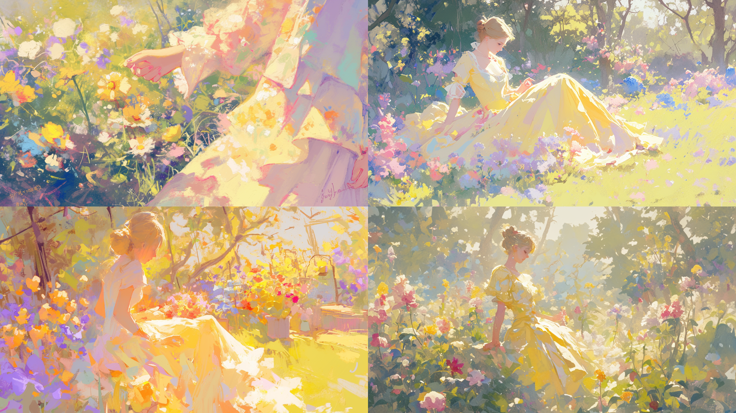 ultra-fine painting, a woman in a dress of golden yellow and pink, in the style of impressionism, a garden full of flowers, pastel colors, light and shadows,