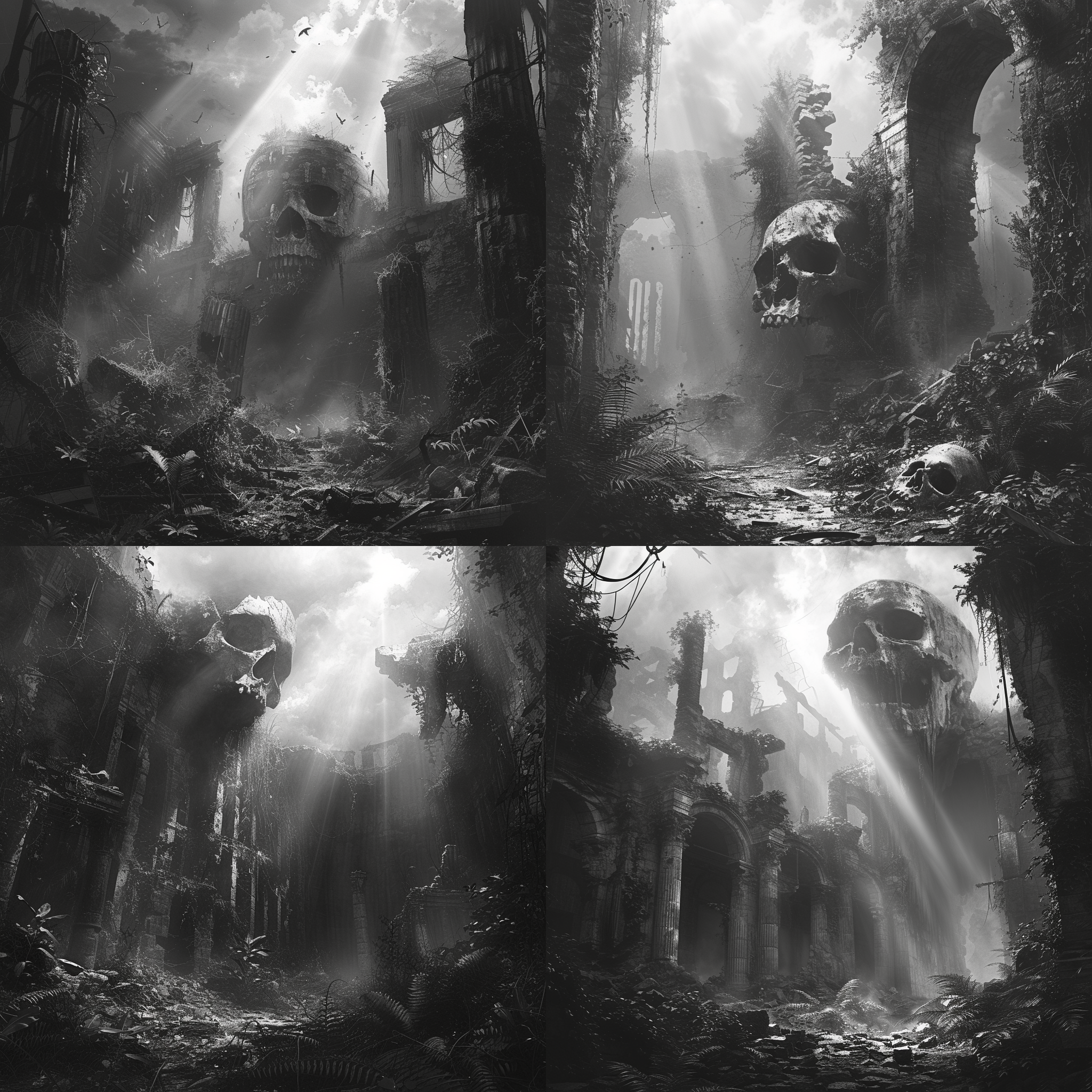 废墟。一座废弃的城市，被植物和藤蔓覆盖，破碎的建筑散落在地面上。在这个荒芜的景象中，一座巨大的骷髅头骨屹立在中央，周围环绕着浓雾。光线透过云层洒在地面上，营造出神秘而恐怖的氛围。黑白风格，广角镜头，低饱和度，静态。 prompt: 废墟，骷髅，混沌，巨大，浓雾，荒芜，光线，黑白，广角镜头，低饱和度，静态，神秘，恐怖
