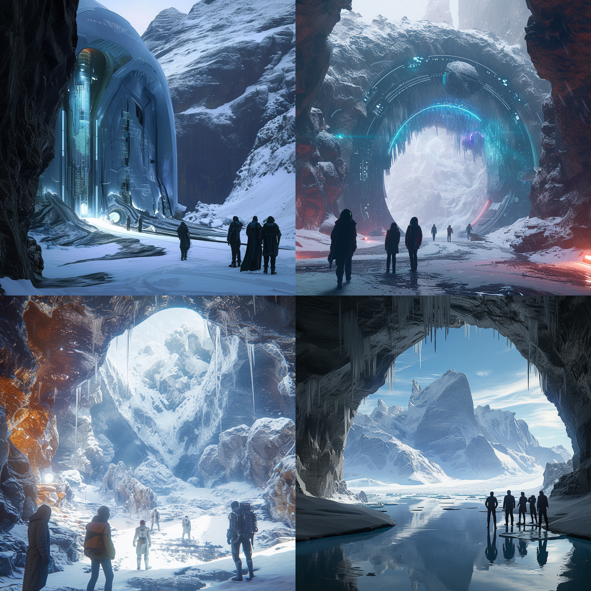 人们站在通往地下洞穴的门口，风格是未来的幻想，雪景，逼真而超详细的渲染，有机建筑，惠斯勒式，冻结的动作，未来的太空景观-s 250- v 6.0-风格原始- ar