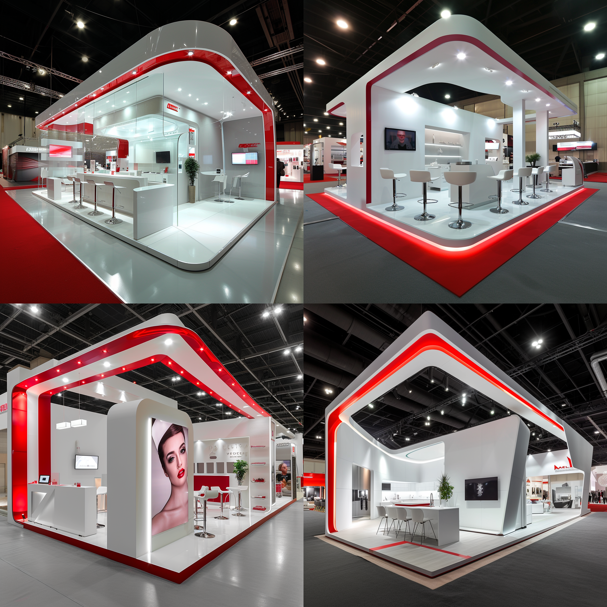 展台设计，简约通透大气，时尚，整体白色，红色点缀，四面开，公司形象，室内环境，广角镜头，明亮光线，展示产品，专业人员，自信，活力。