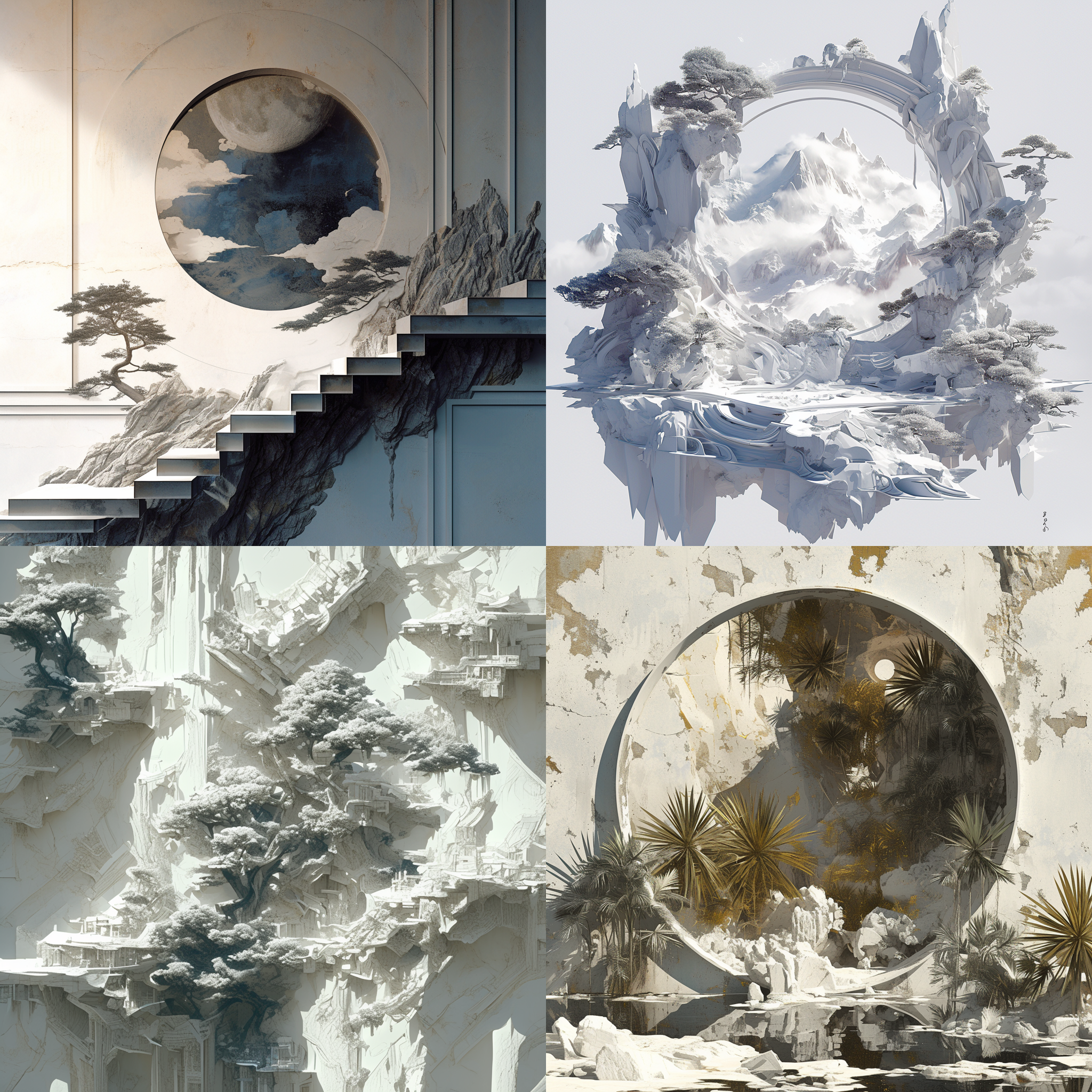 山水立体浮雕壁画，3d数字渲染，混泥土搅拌，水墨上色，立体感十足，超现实主义，梦幻与现实结合。