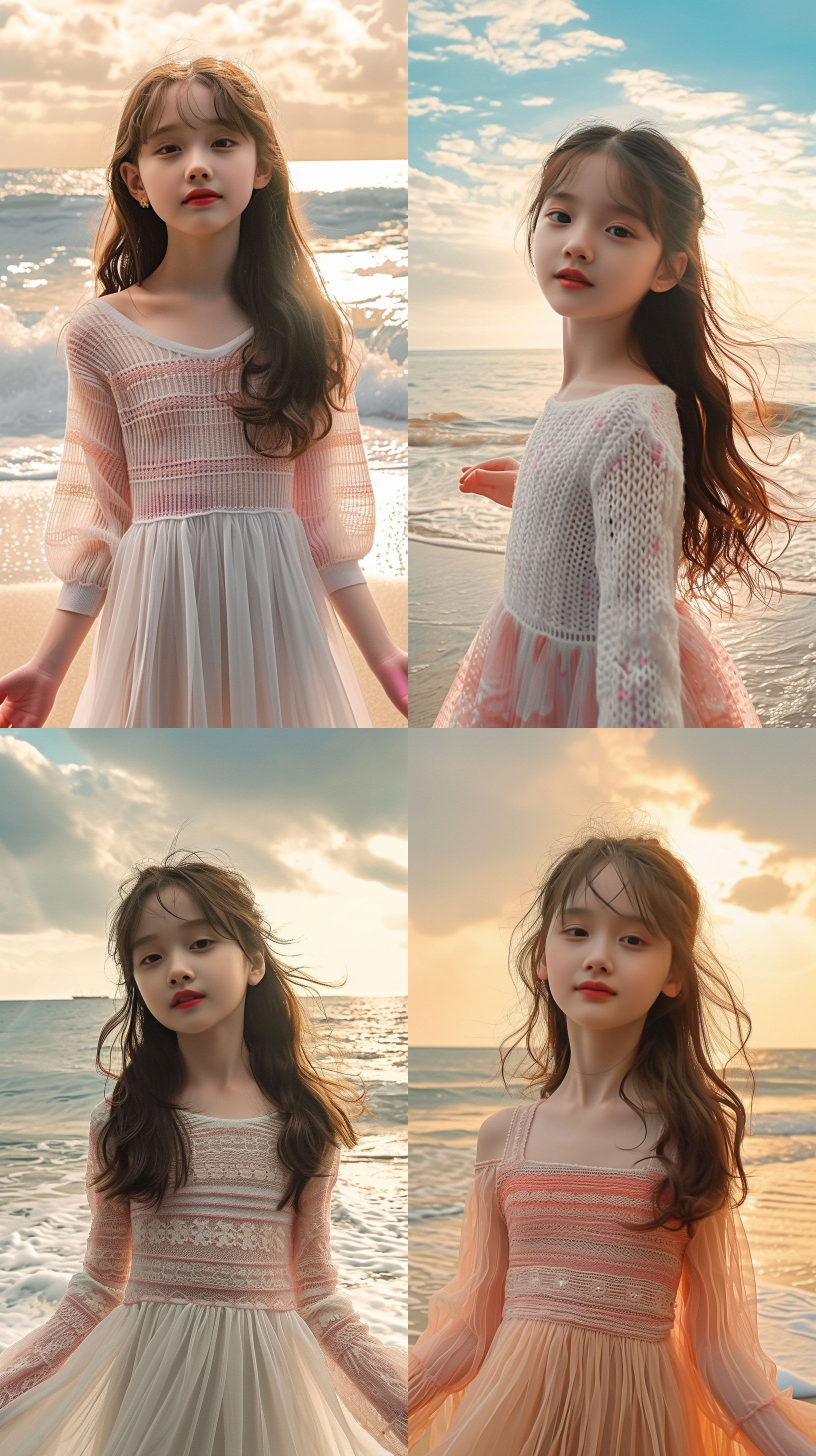 10岁女孩，脸部表情丰富，流动长裙，面对相机，双手伸展，背向大海。长发飘动，阳光透过云层洒在身上，柔和光影效果。构图对称，女性中心，自然元素，柔和色彩，宁静、自由、力量情感。全景模式，大光圈，柔光，静态，自然色调，放松。 远景透视 汉服 远景透视 全身角色