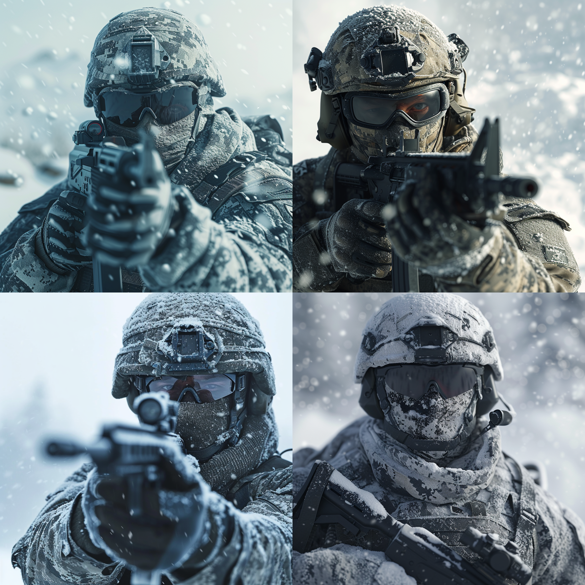 特种兵，雪景，正脸，直视镜头，端着枪，高品质，刻画细节，精细。特种兵身穿迷彩服，戴着头盔，面容坚毅，眼神锐利，露脸。冷色调，大光圈，远景，动态模糊，自然光，坚定，决心。